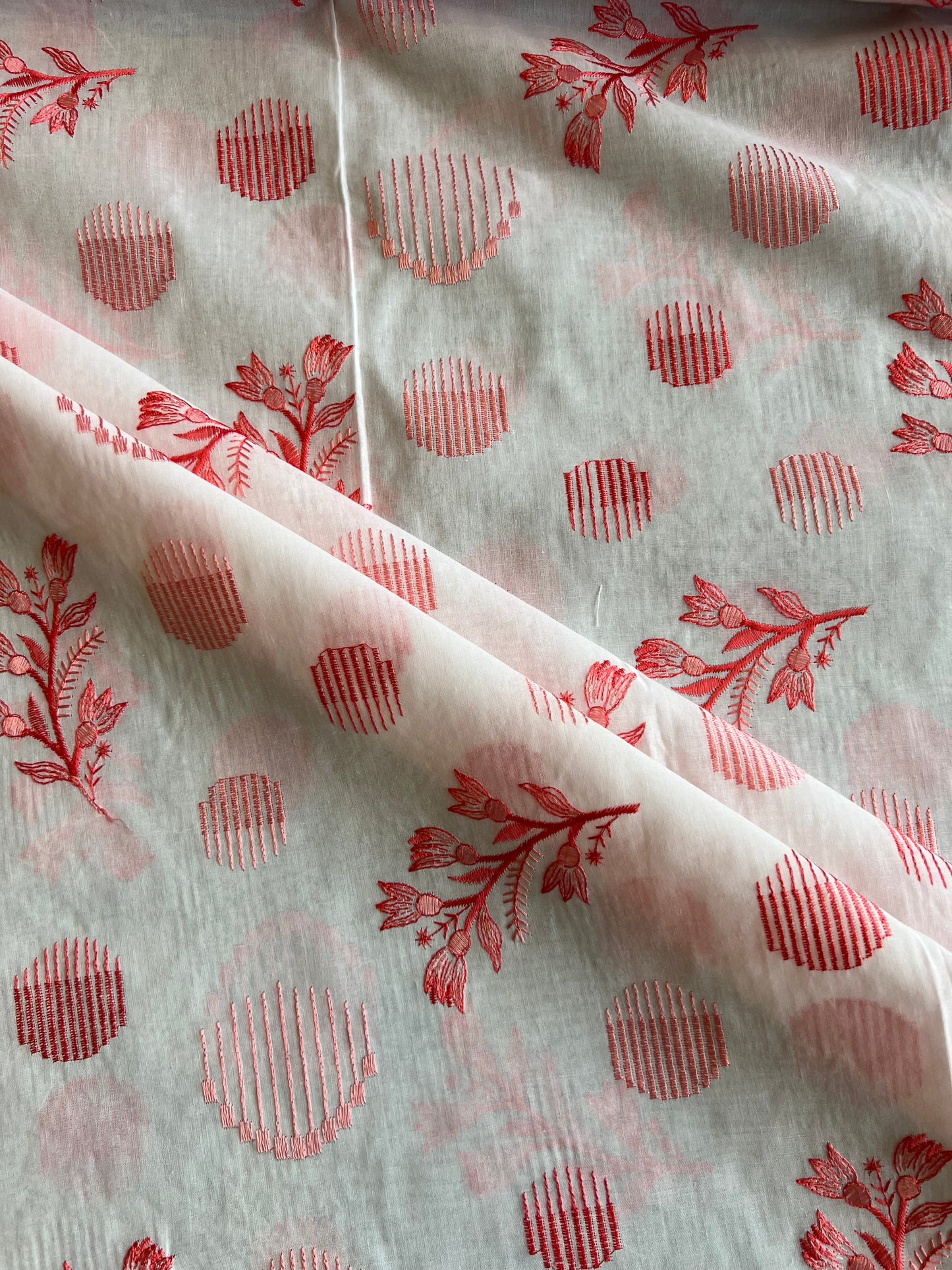 Peach Floral Embroidered Cotton Voile Fabric