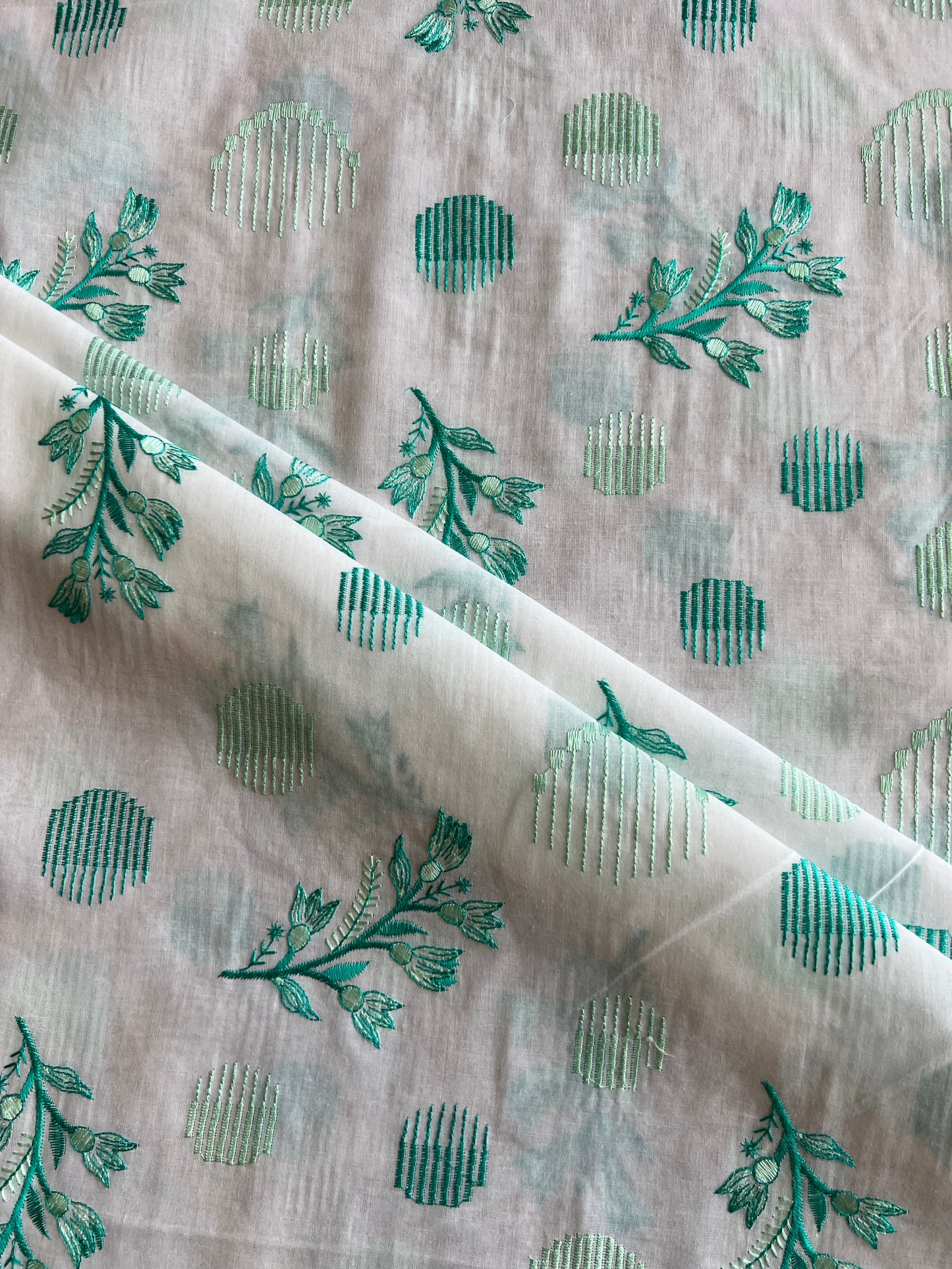 Teal Blue Floral Embroidered Cotton Voile Fabric