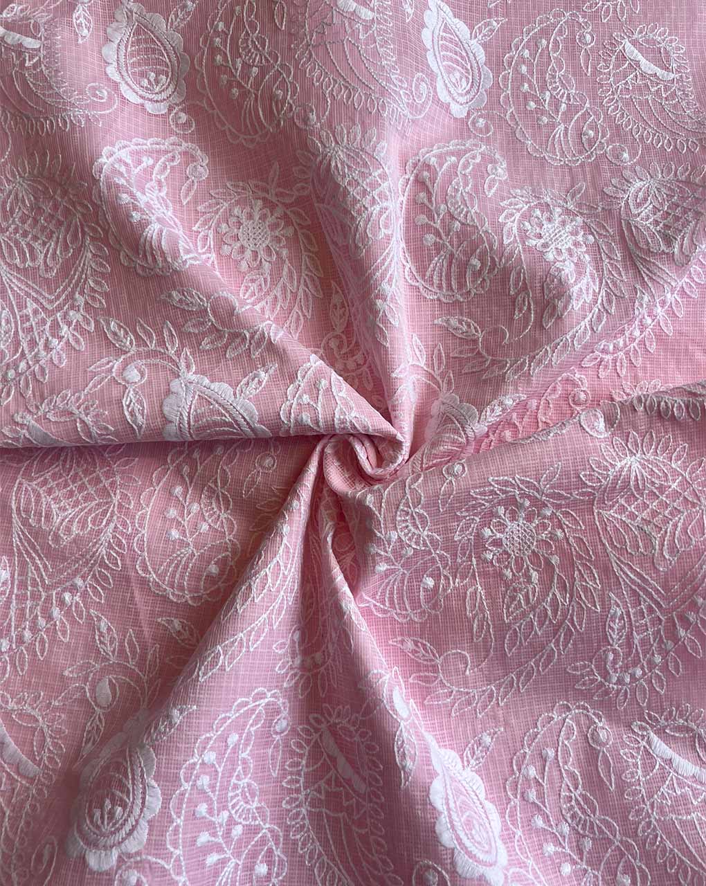 Baby Pink Kota Doriya Embroidered Fabric