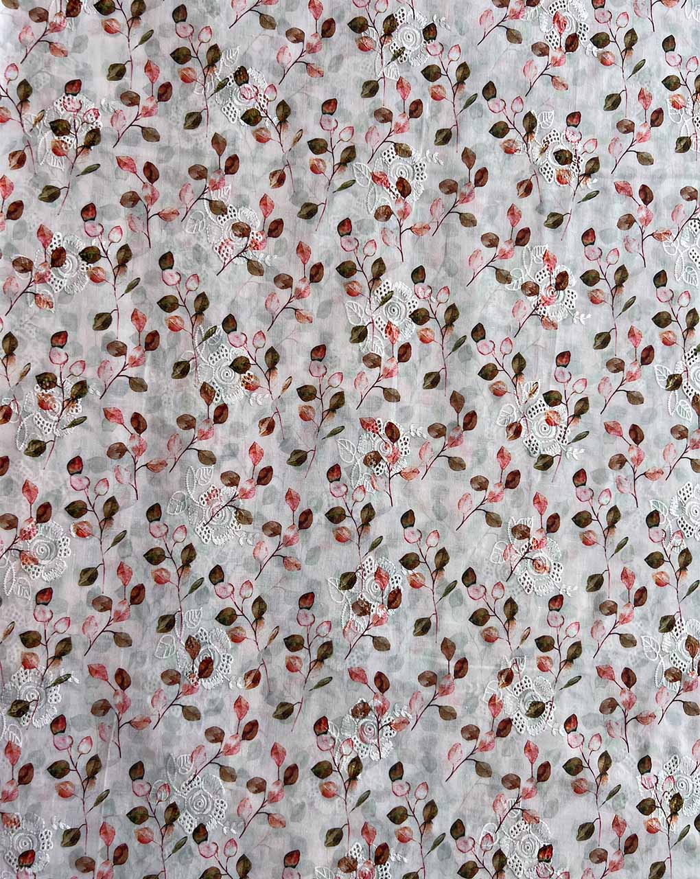 White Cotton Embroidered Fabric with Peach Leaf Print