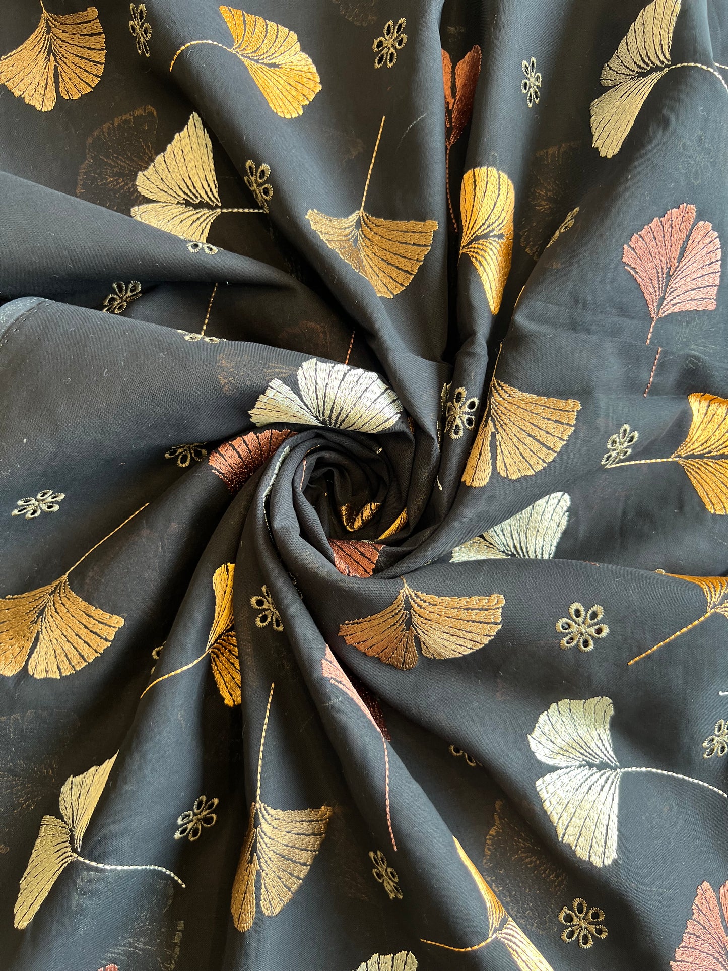 Multi Colour Embroidery on Black 2 by 2 Rubia Fabric