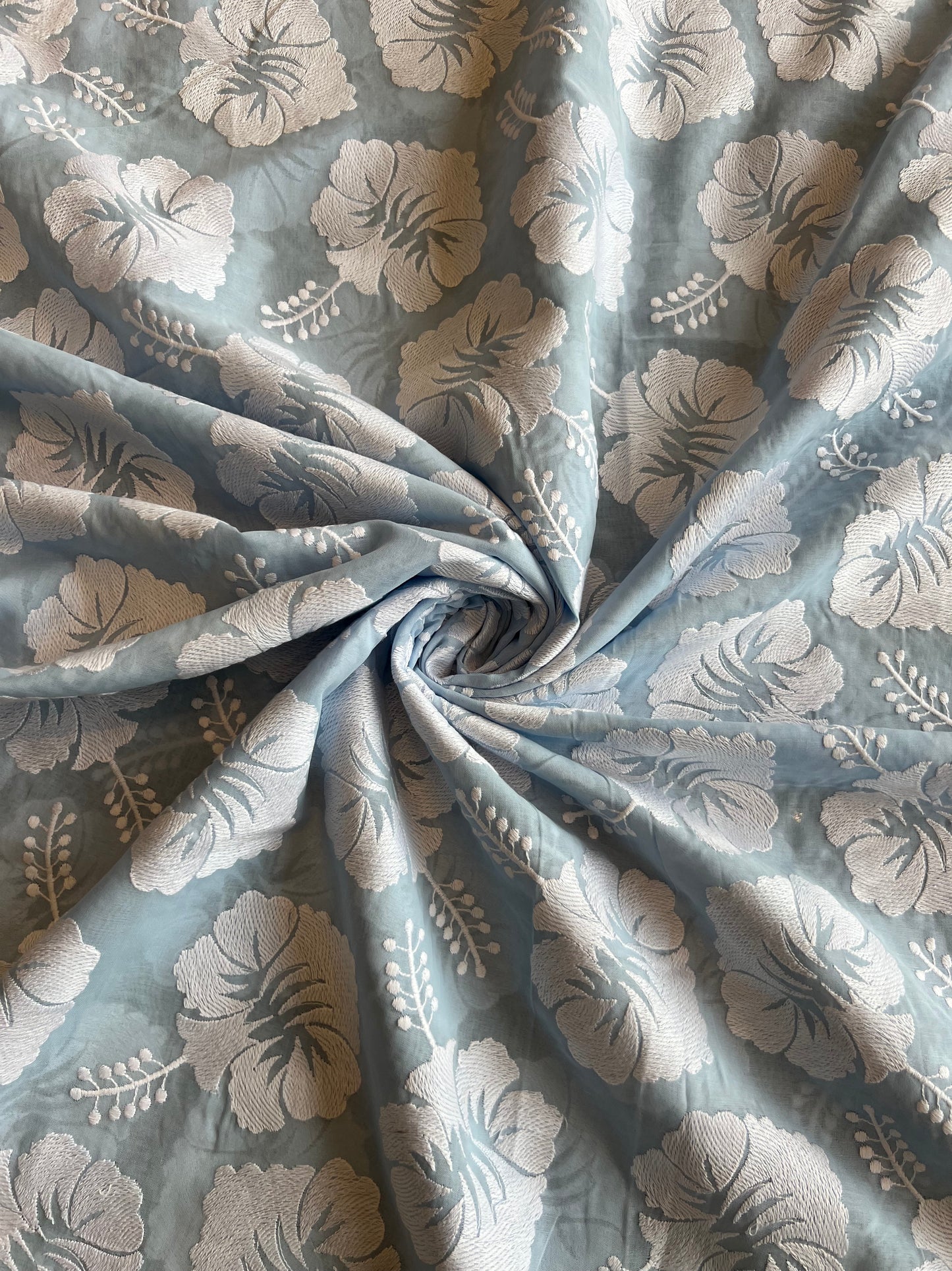 Sky Blue 2 by 2 Rubia Embroidered Fabric