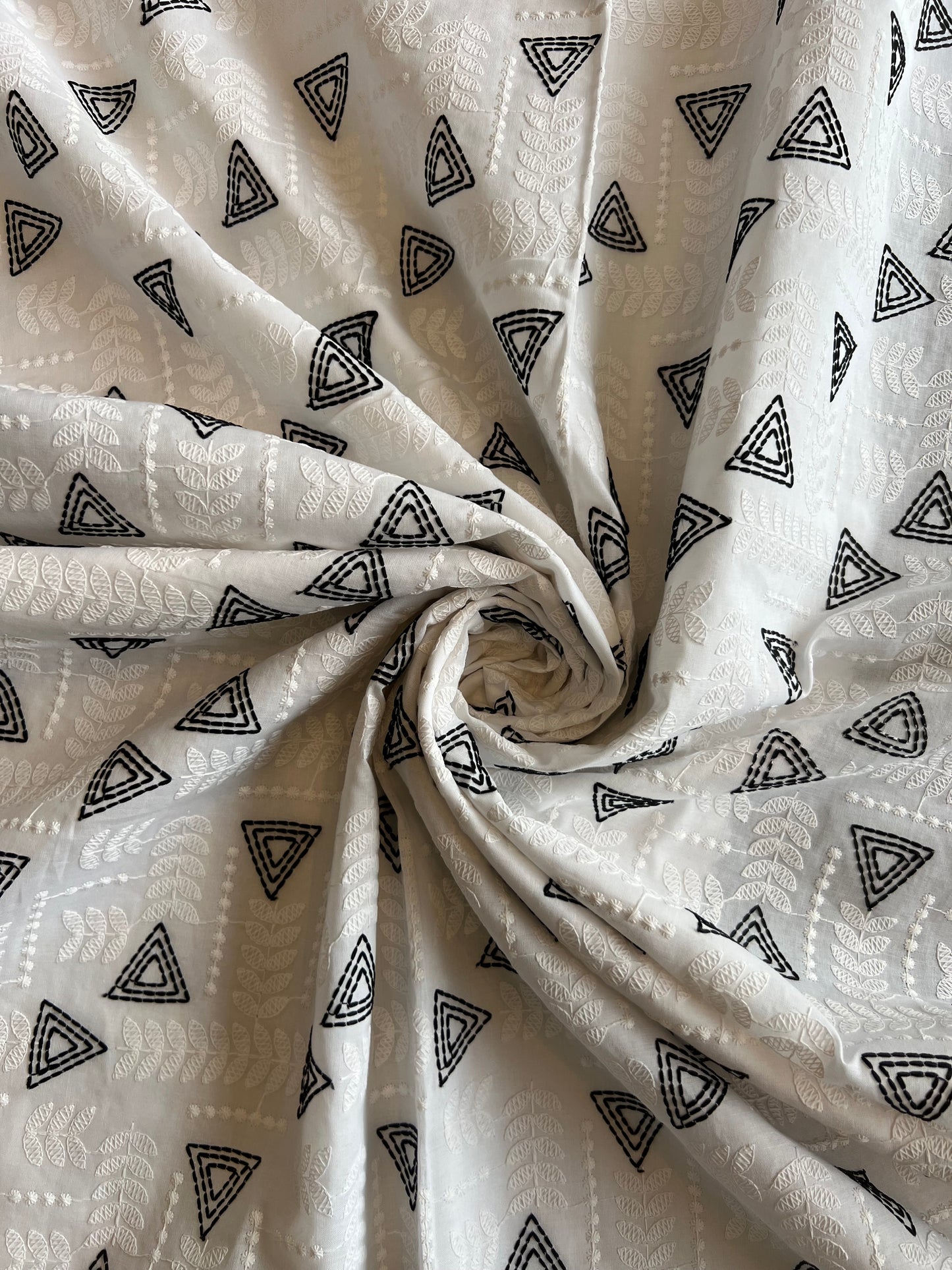 White and Black Geometrical Embroidery Cotton Voile Fabric