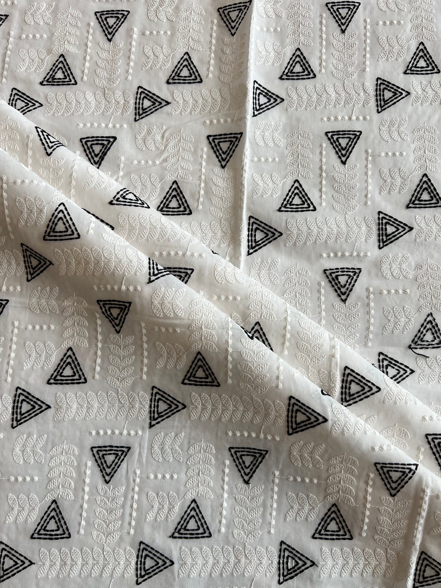 White and Black Geometrical Embroidery Cotton Voile Fabric