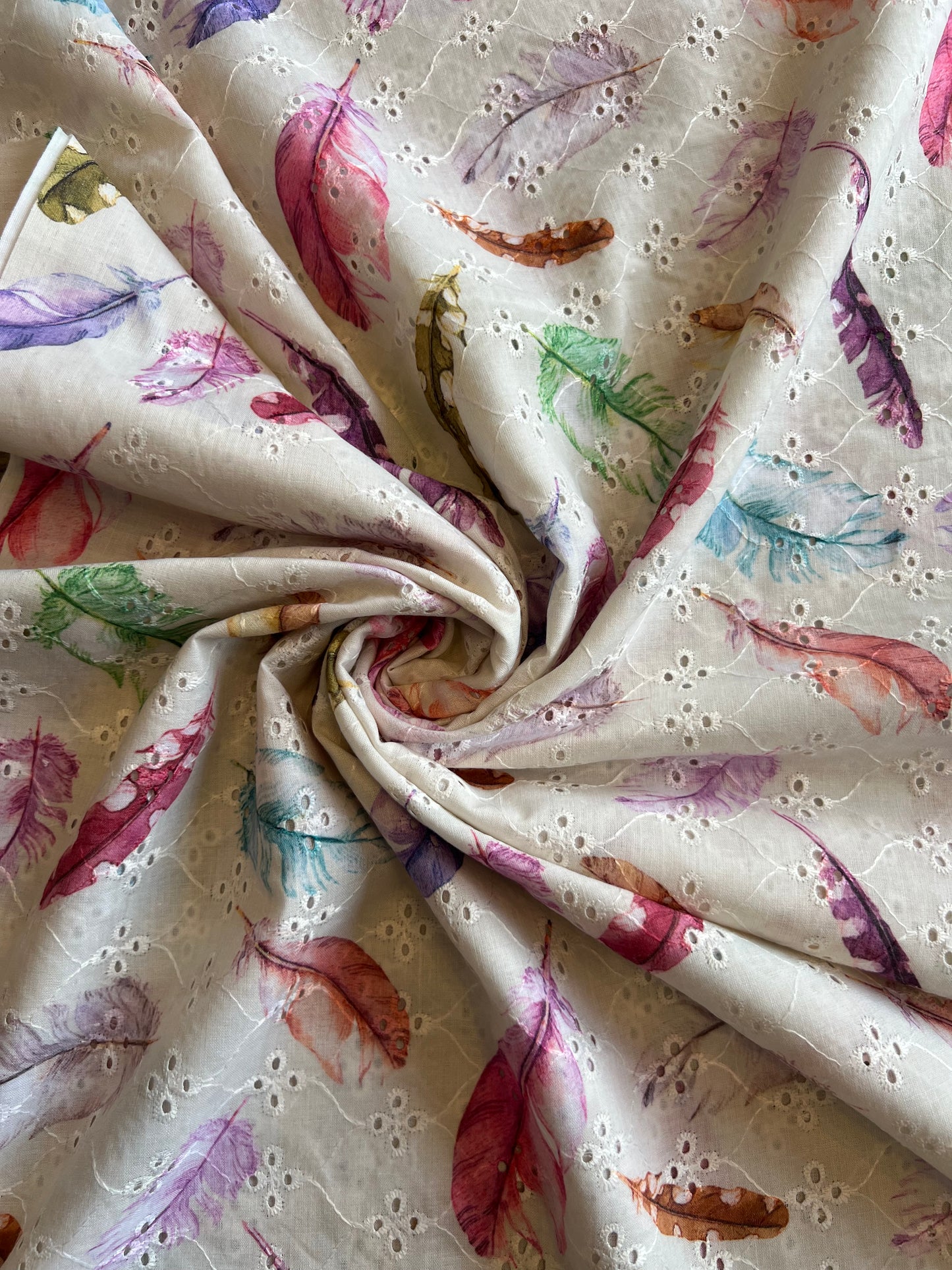 Off White Embroidery with Leaf Digital Print Cotton Fabric