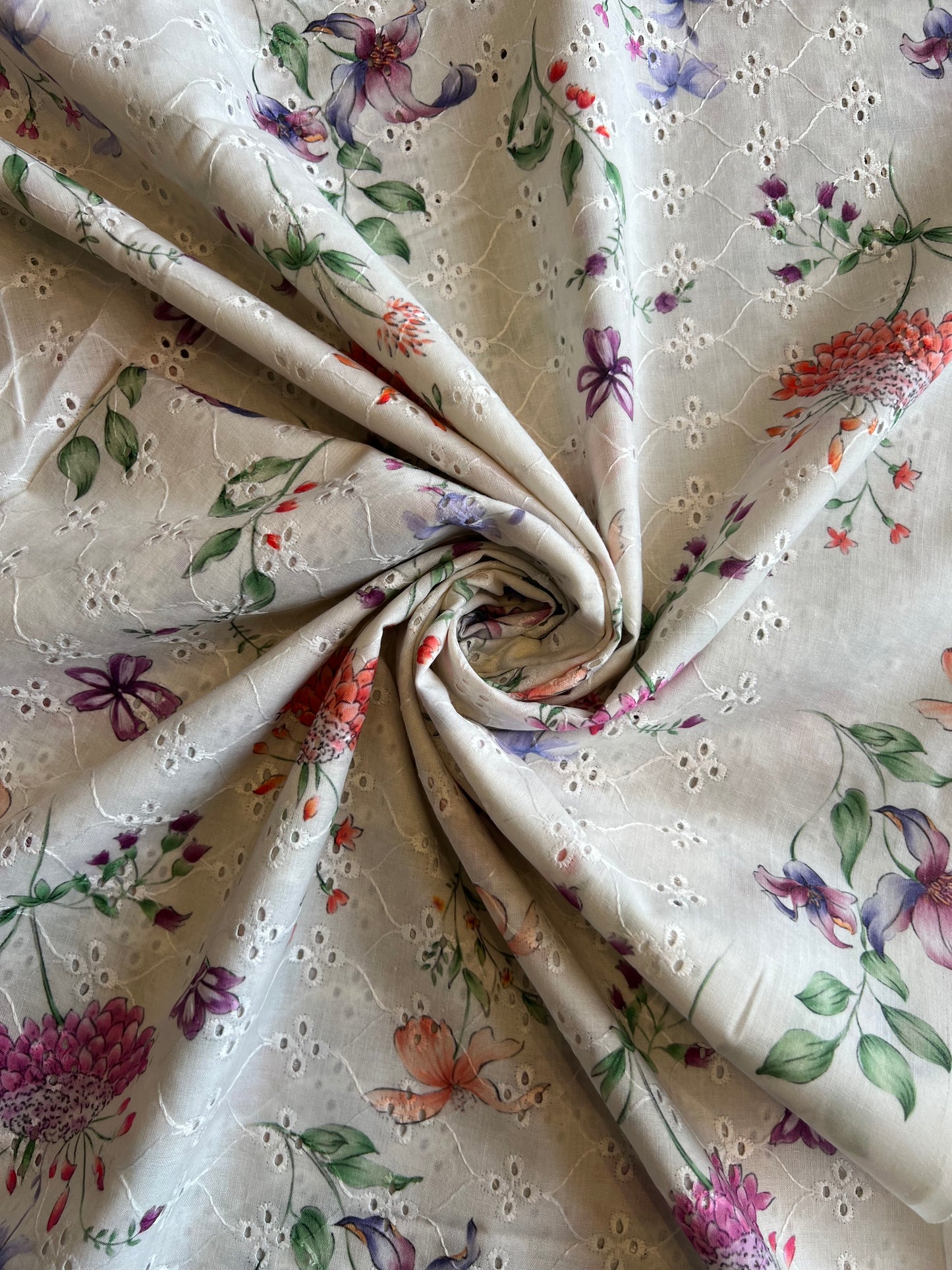 Off White Embroidery with Floral Digital Print Cotton Fabric