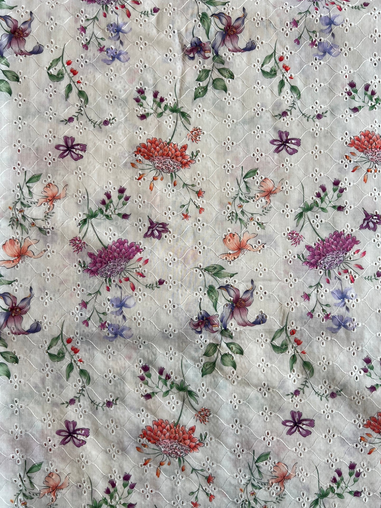 Off White Embroidery with Floral Digital Print Cotton Fabric