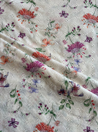 Off White Embroidery with Floral Digital Print Cotton Fabric