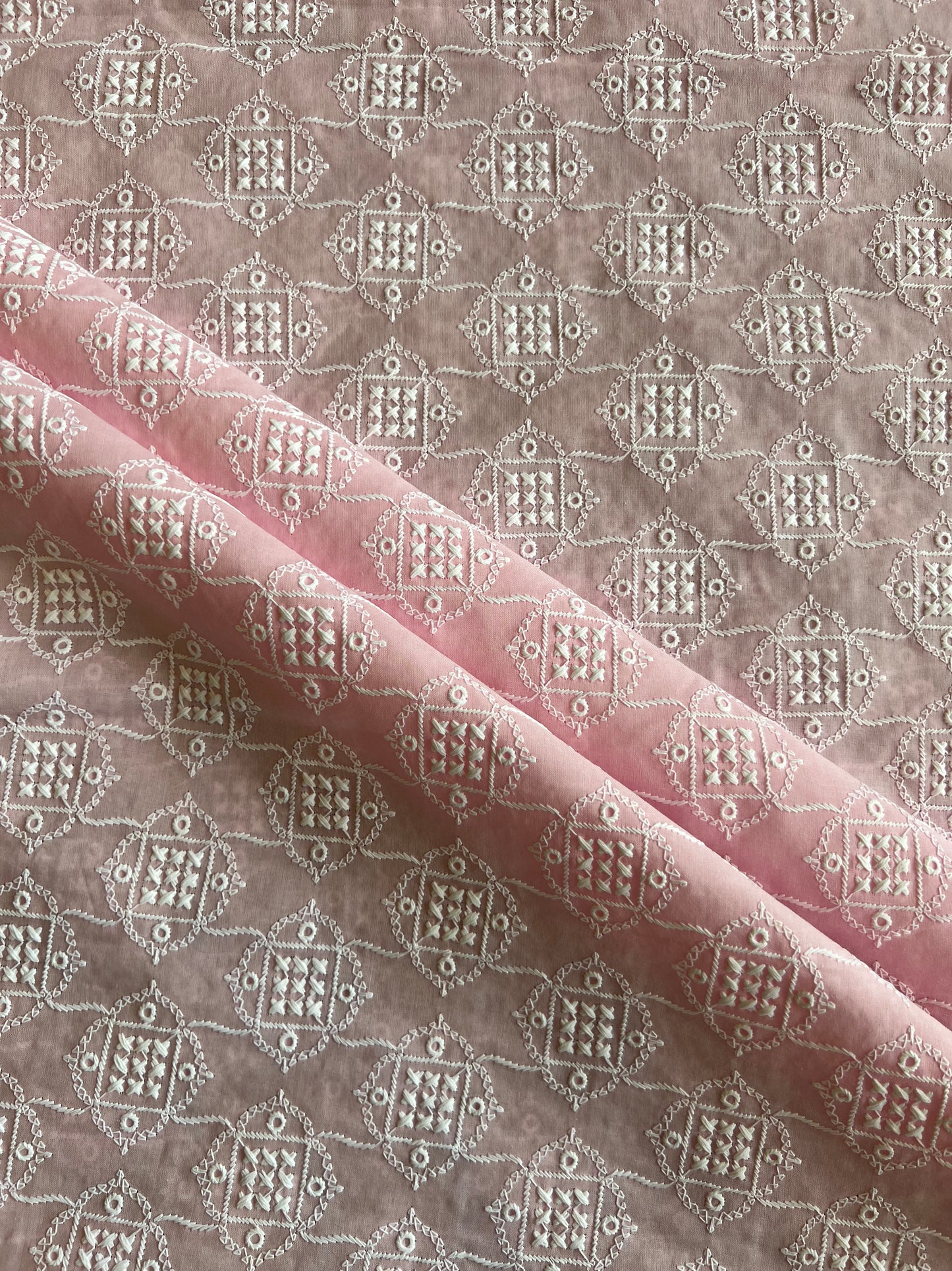 Baby Pink All Over Geometrical Embroidered Fabric