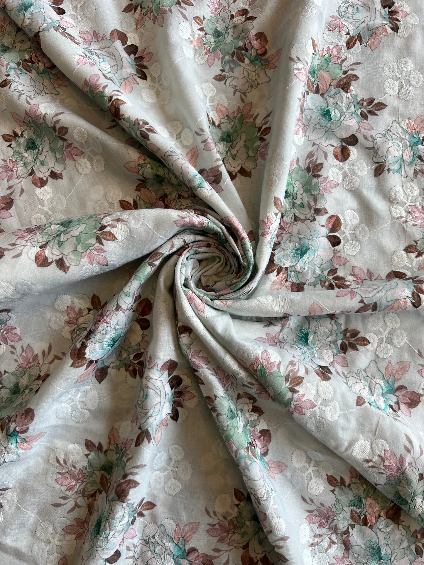 Pista Green Cotton Embroidered Fabric with Floral Print