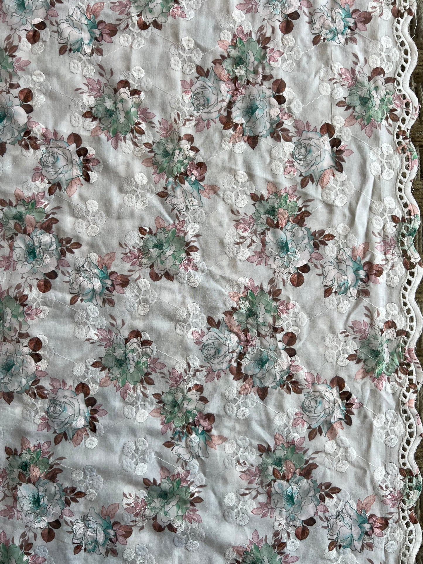 Pista Green Cotton Embroidered Fabric with Floral Print