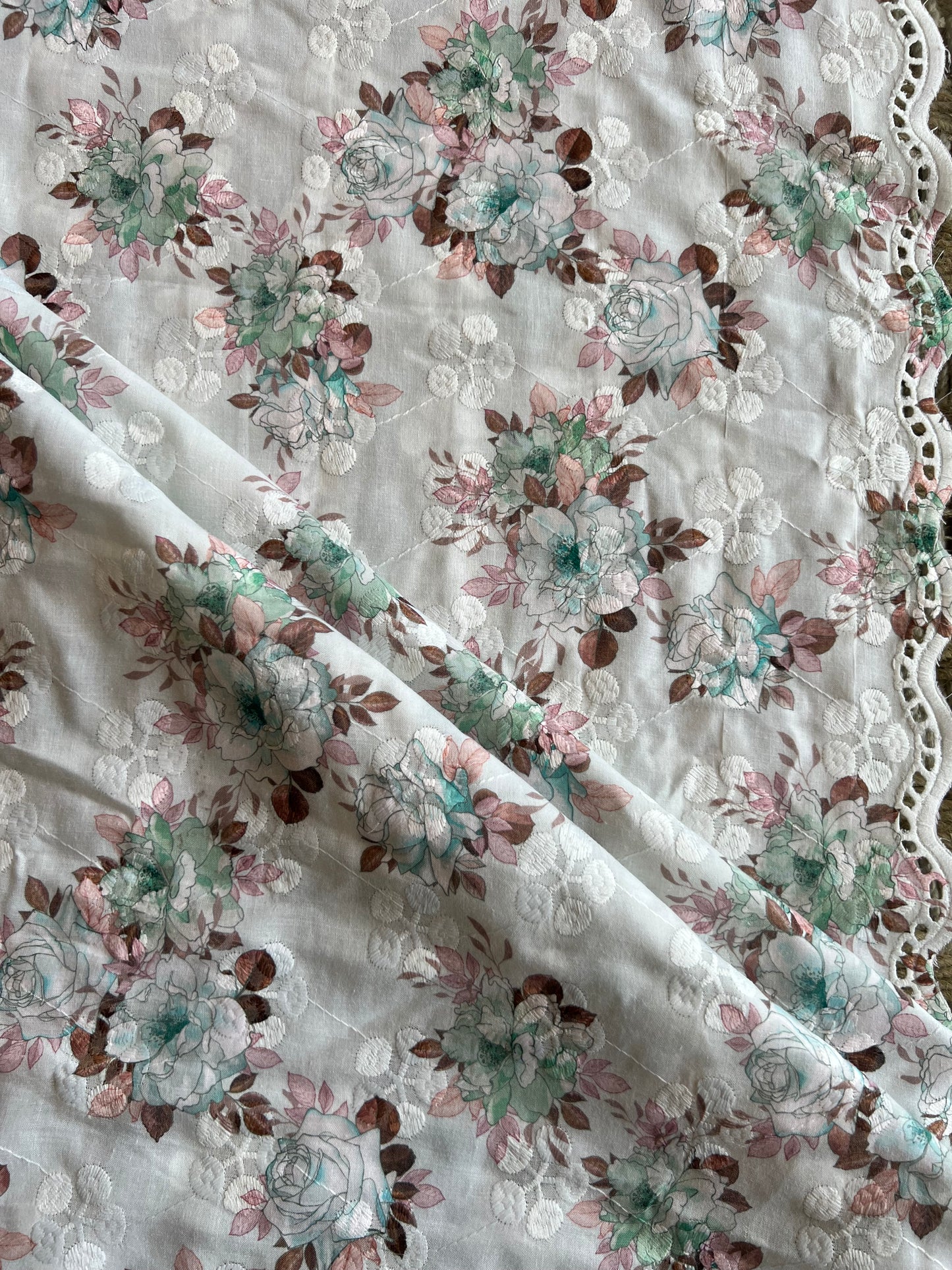 Pista Green Cotton Embroidered Fabric with Floral Print