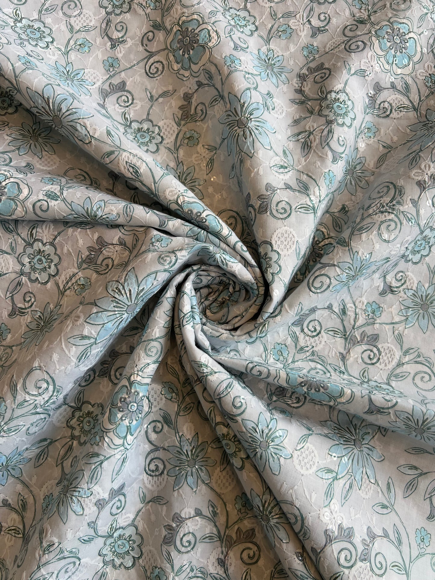 Blue Sequence Work Embroidery with Floral Print Cotton Fabric