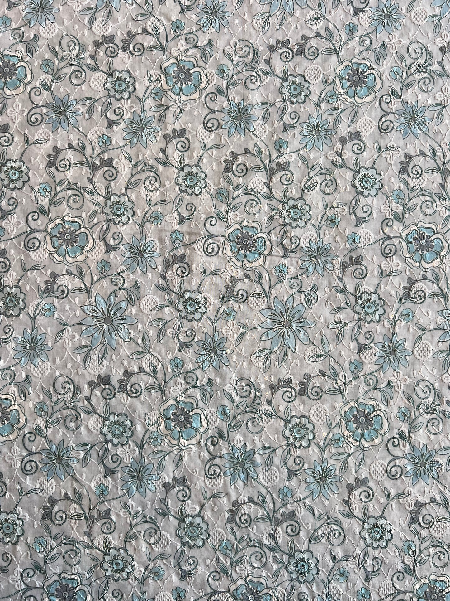Blue Sequence Work Embroidery with Floral Print Cotton Fabric