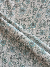 Blue Sequence Work Embroidery with Floral Print Cotton Fabric