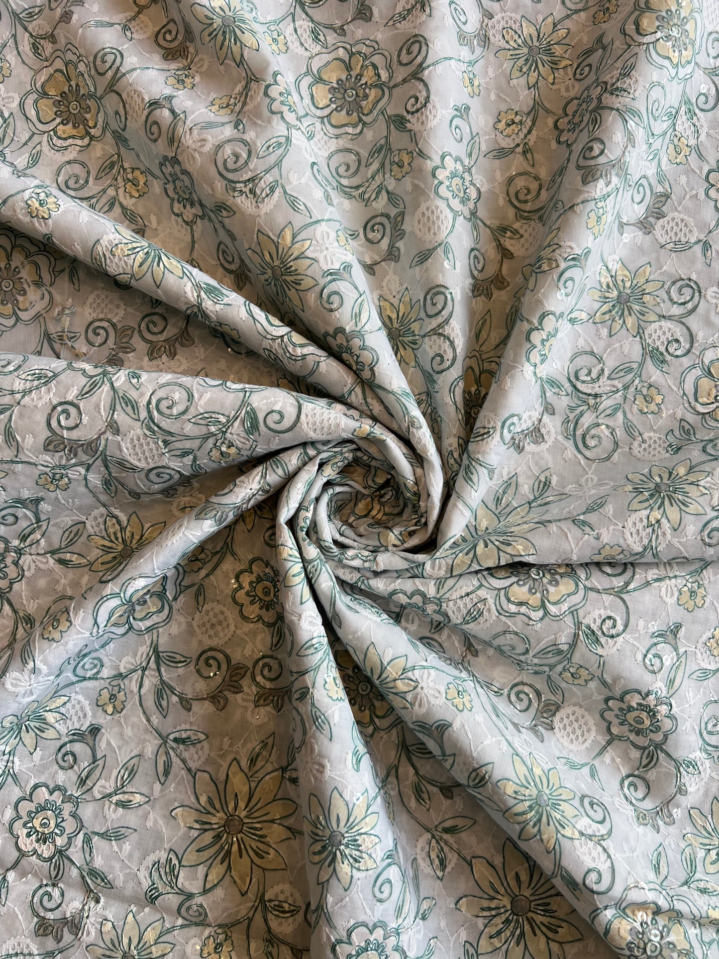 Green Sequence Work Embroidery with Floral Print Cotton Fabric