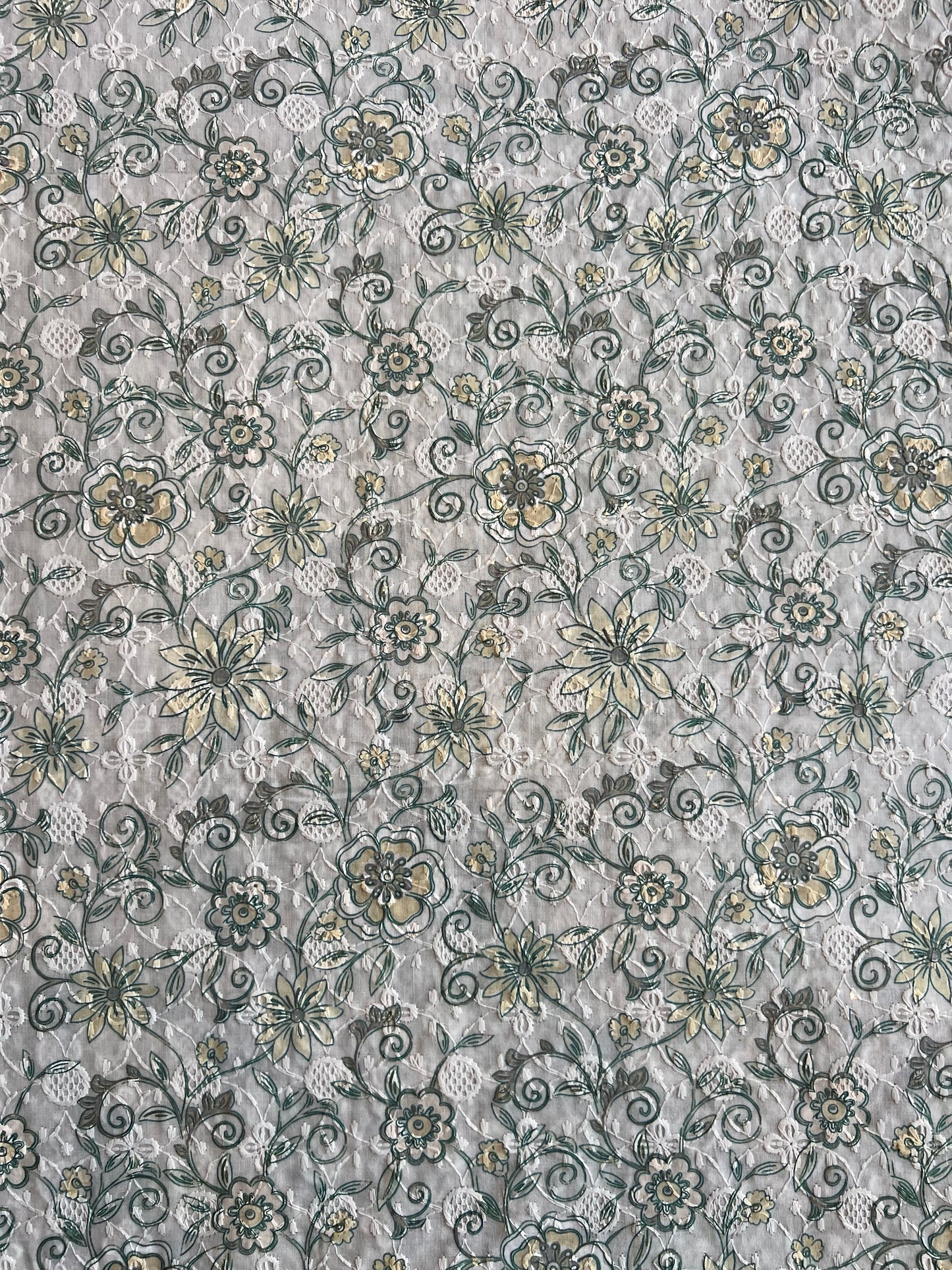 Green Sequence Work Embroidery with Floral Print Cotton Fabric
