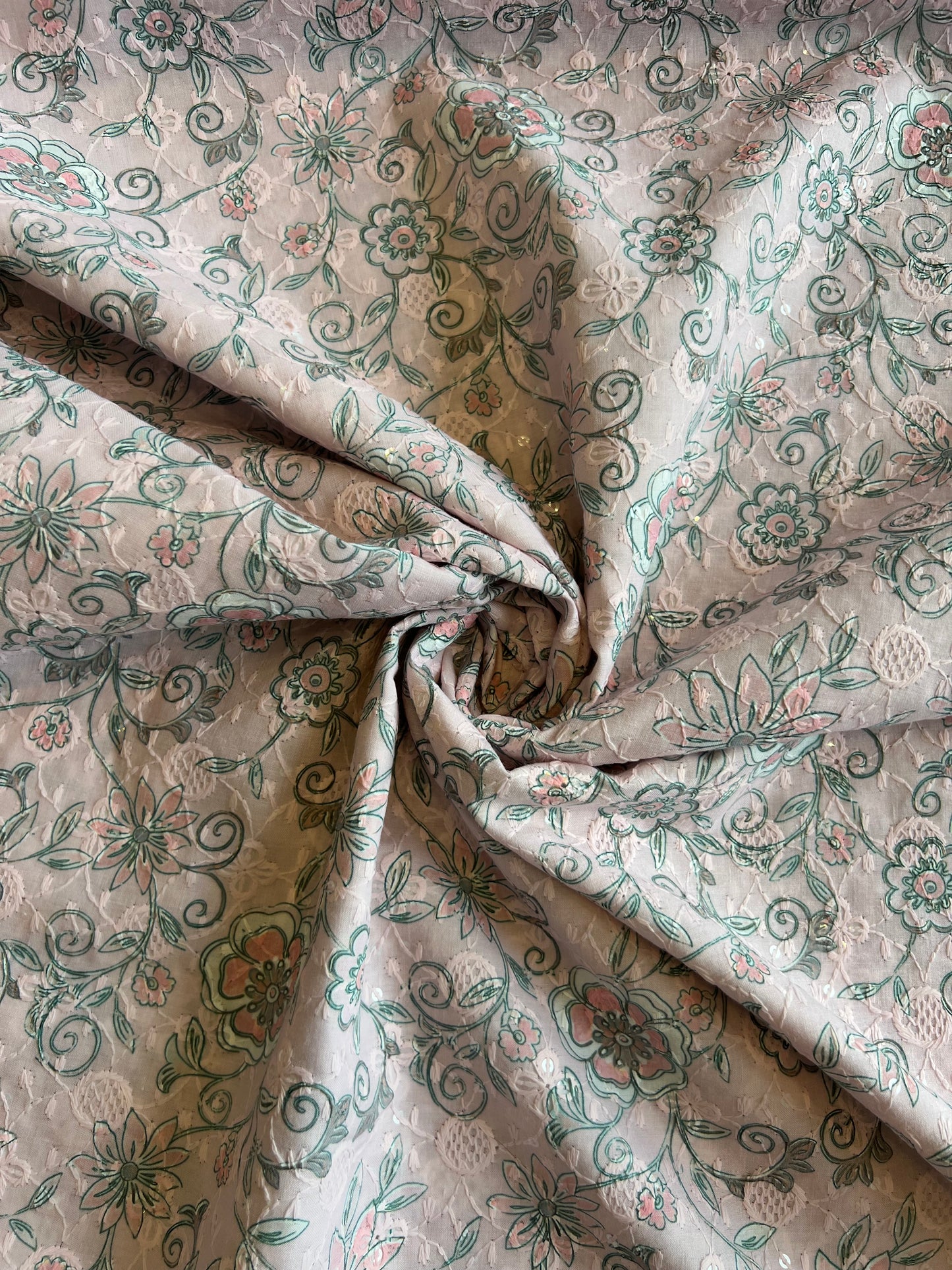 Baby Pink Sequence Work Embroidery with Floral Print Cotton Fabric