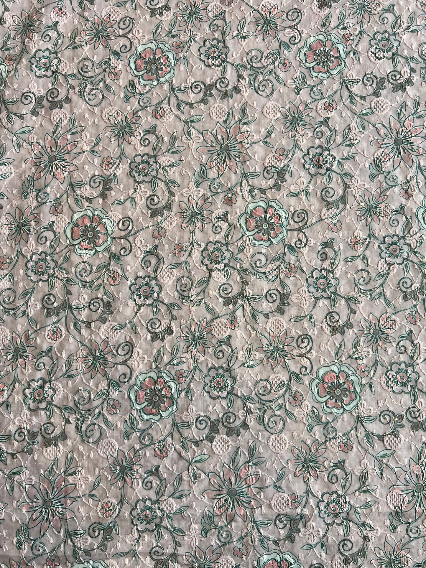 Baby Pink Sequence Work Embroidery with Floral Print Cotton Fabric