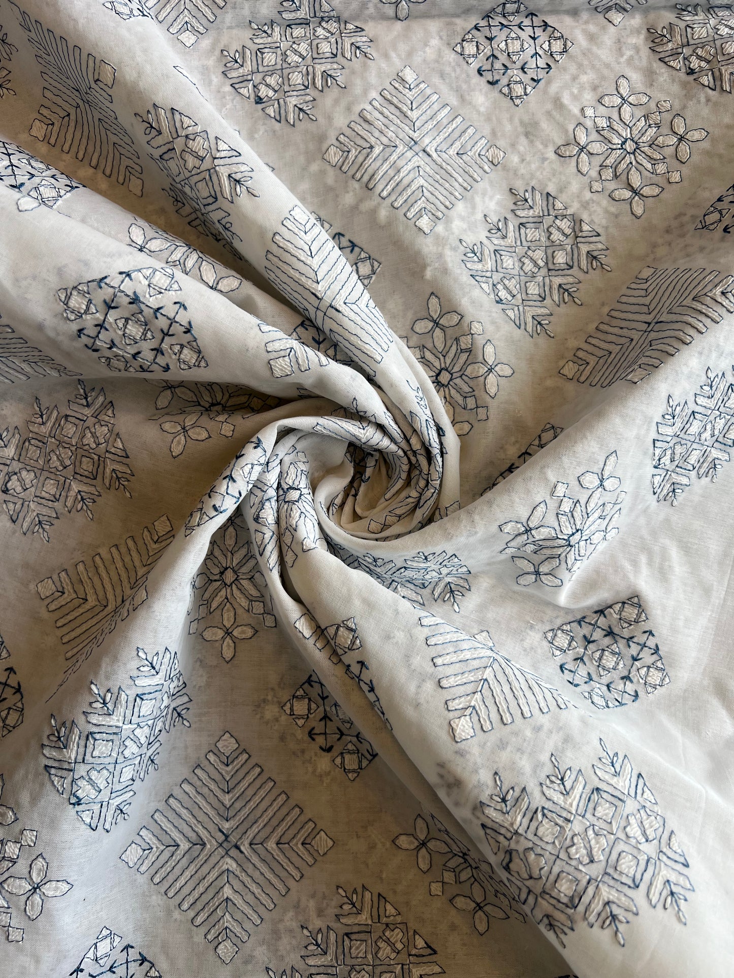 White Cotton Voile Fabric with Teal Blue Geometrical Embroidery