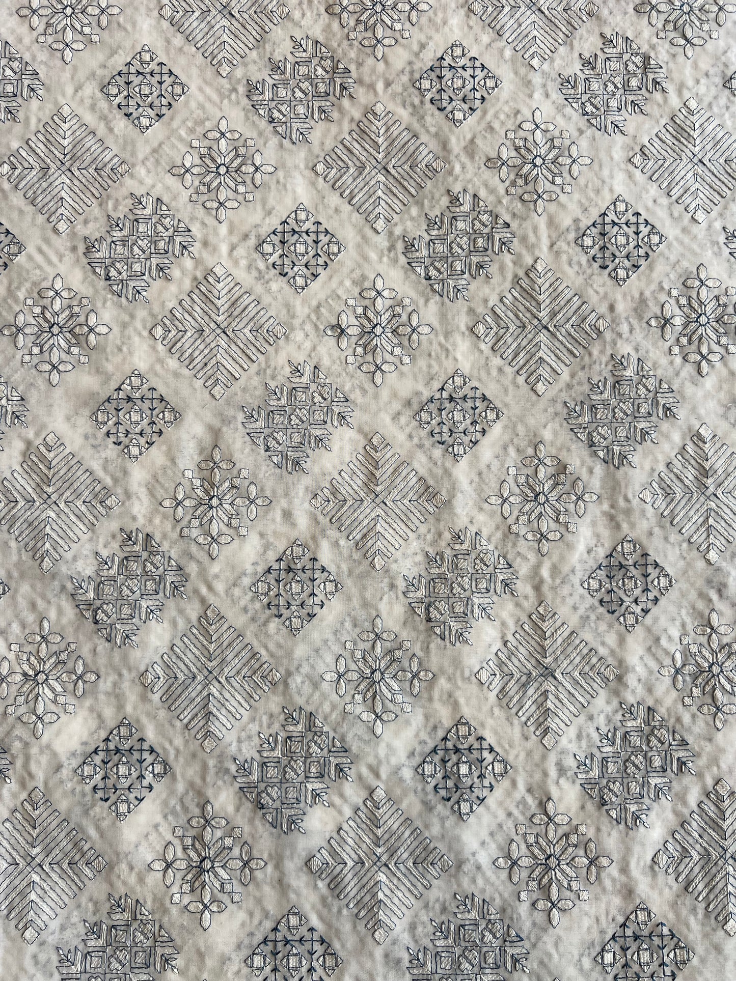 White Cotton Voile Fabric with Teal Blue Geometrical Embroidery