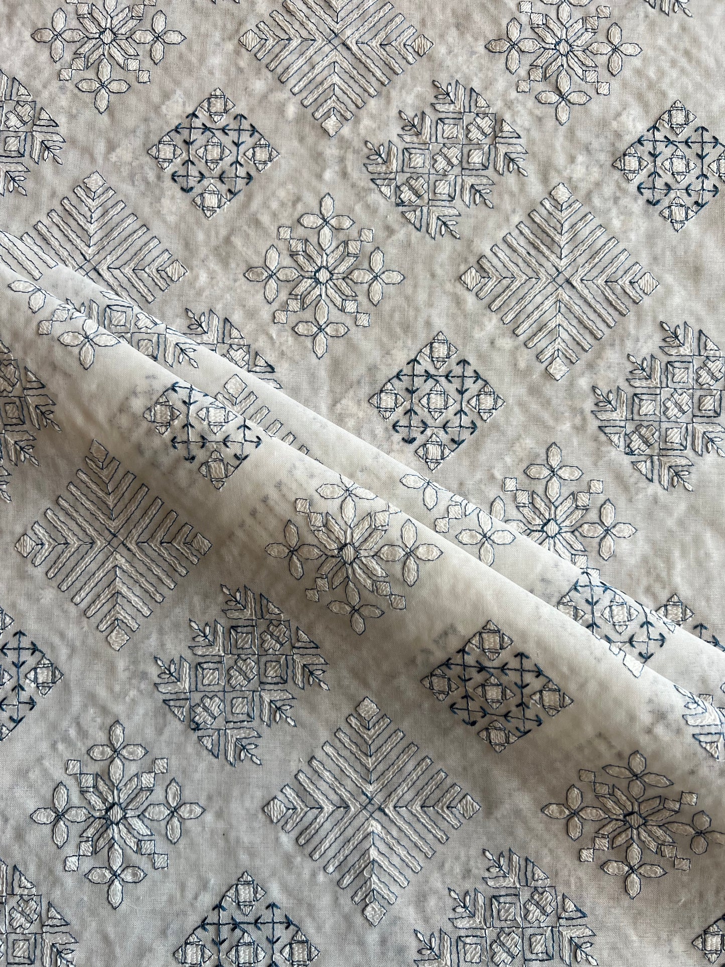 White Cotton Voile Fabric with Teal Blue Geometrical Embroidery