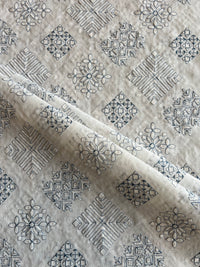 White Cotton Voile Fabric with Teal Blue Geometrical Embroidery
