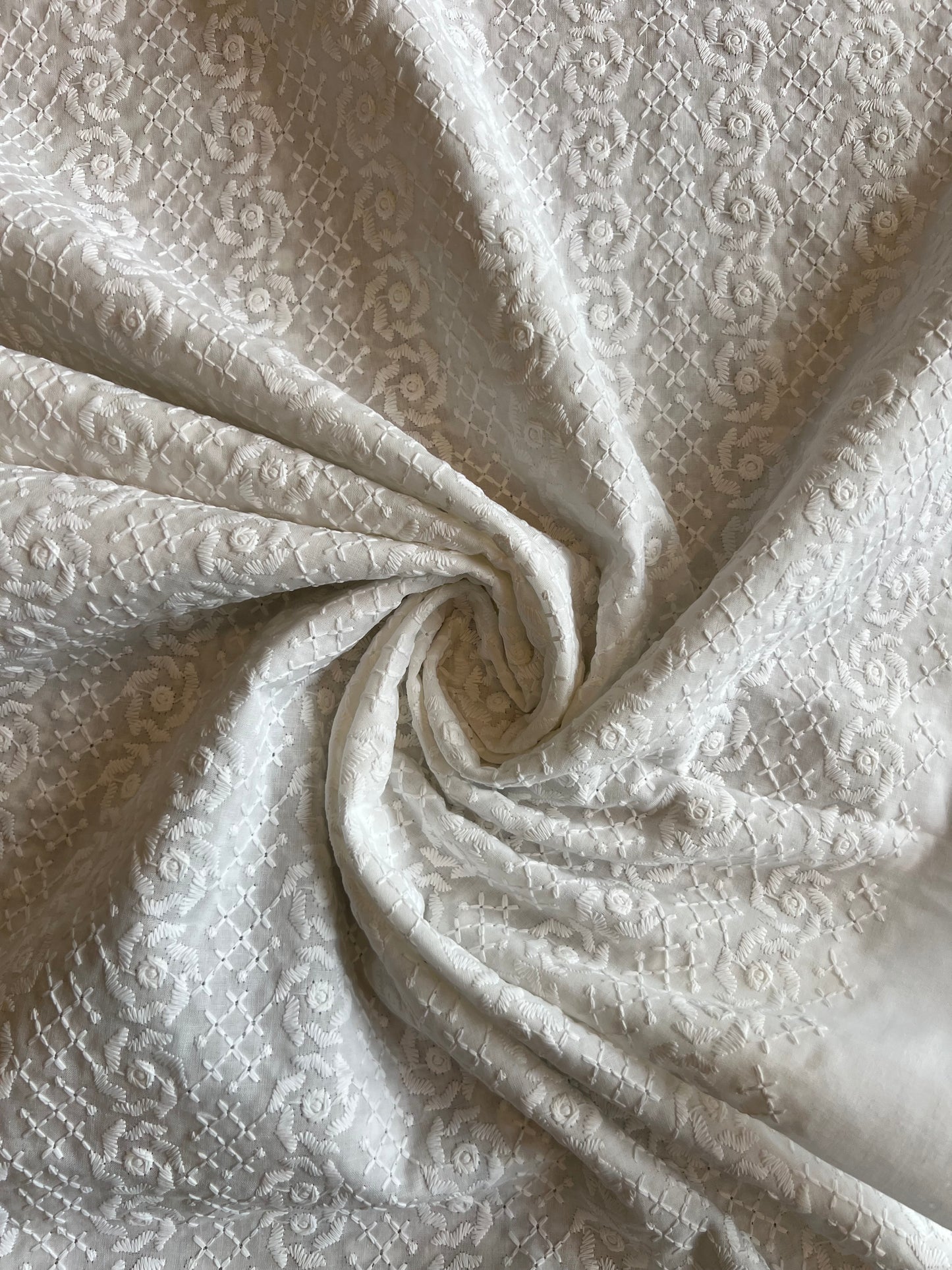 White Floral Embroidered Cotton Fabric