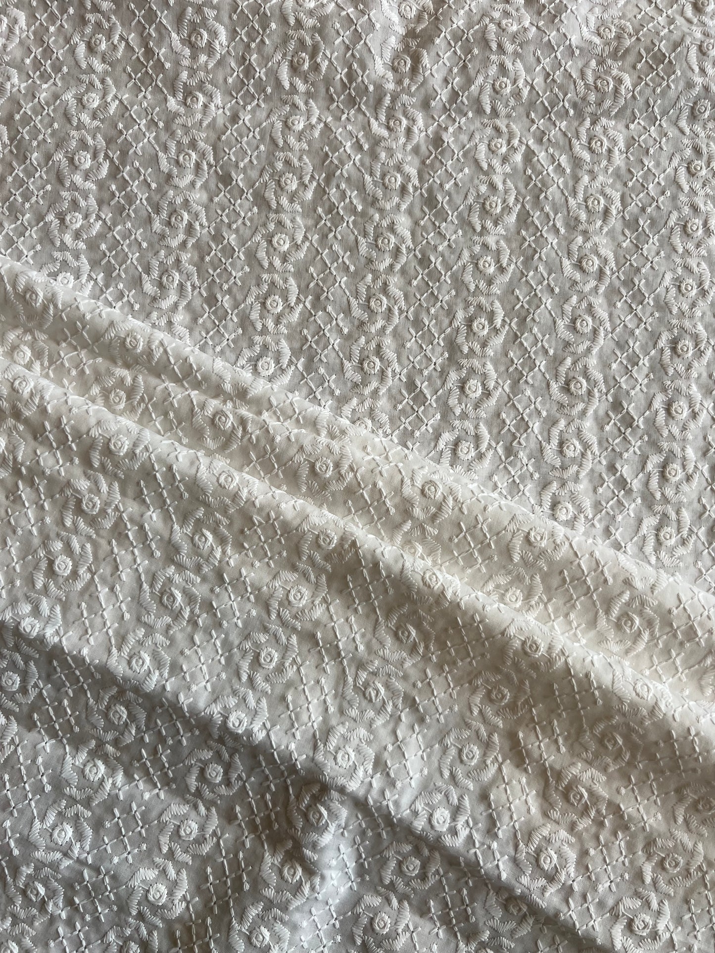 White Floral Embroidered Cotton Fabric