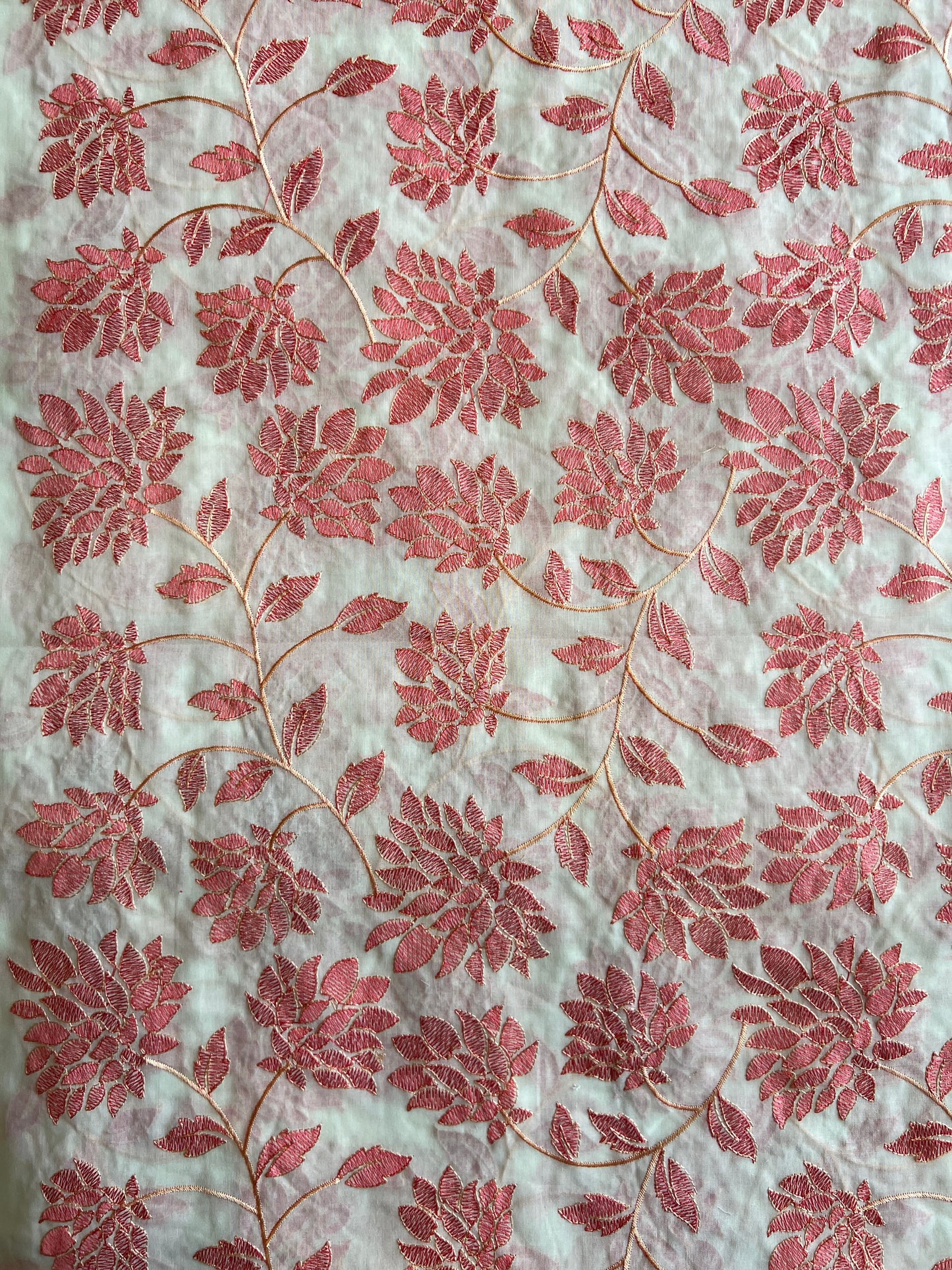 Peach Floral Embroidered Cotton Voile Fabric