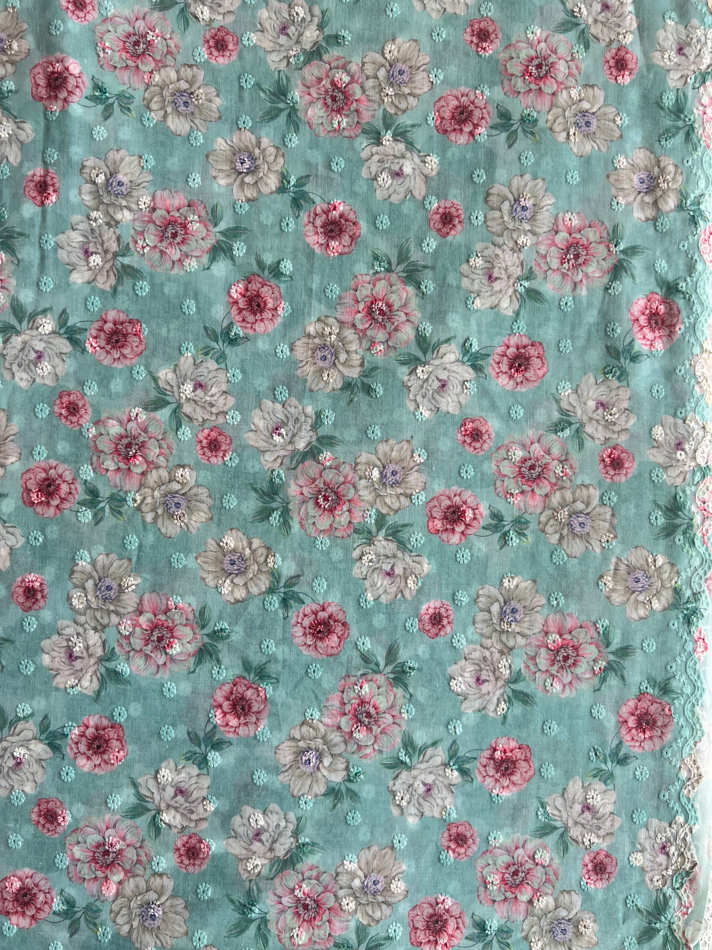 Blue Cotton Embroidered Fabric with Floral Print