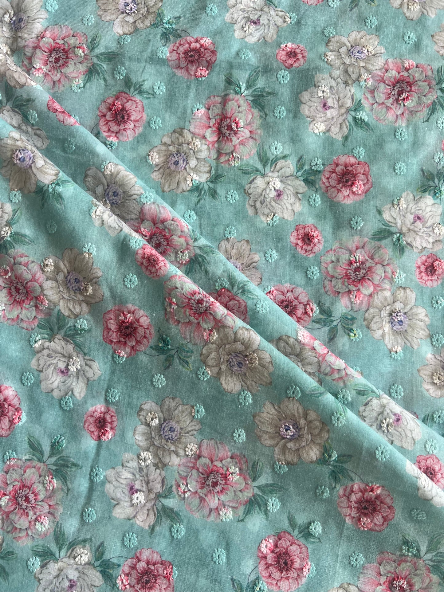 Blue Cotton Embroidered Fabric with Floral Print