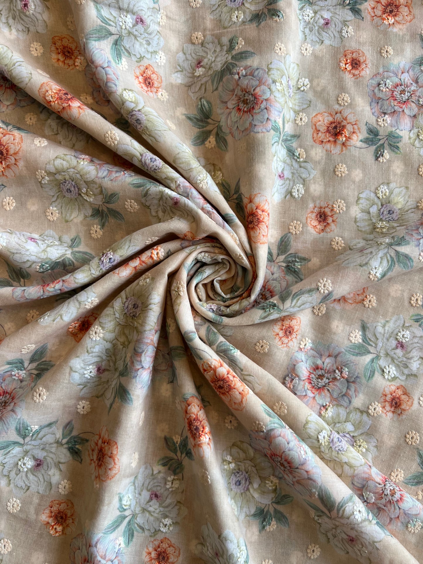 Lemon Cotton Embroidered Fabric with Floral Print