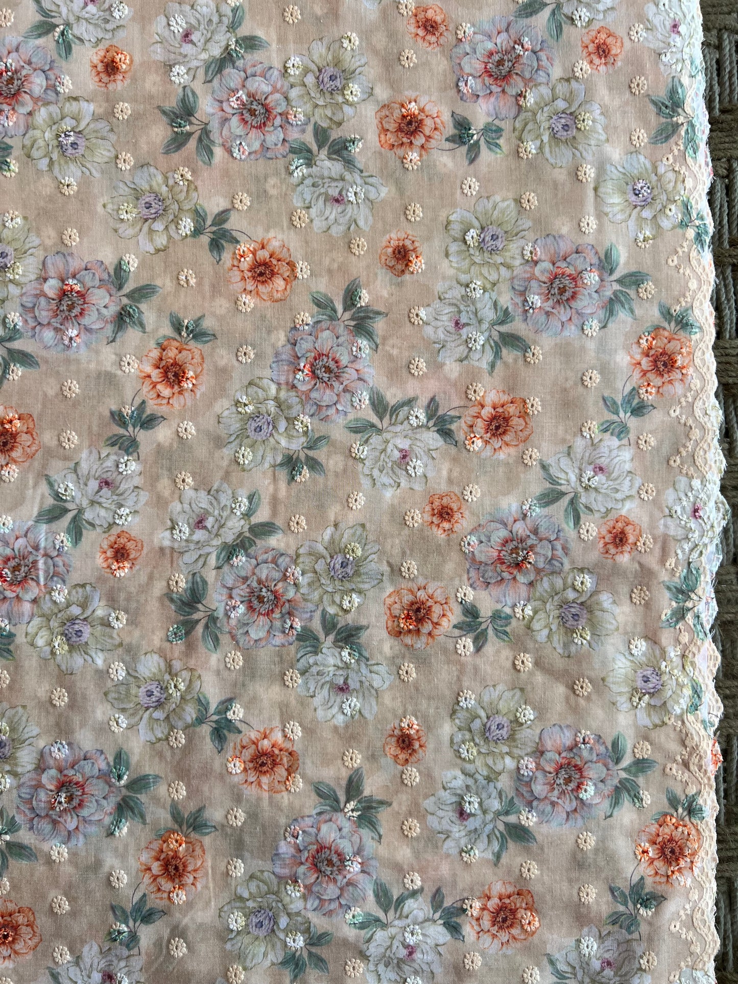 Lemon Cotton Embroidered Fabric with Floral Print