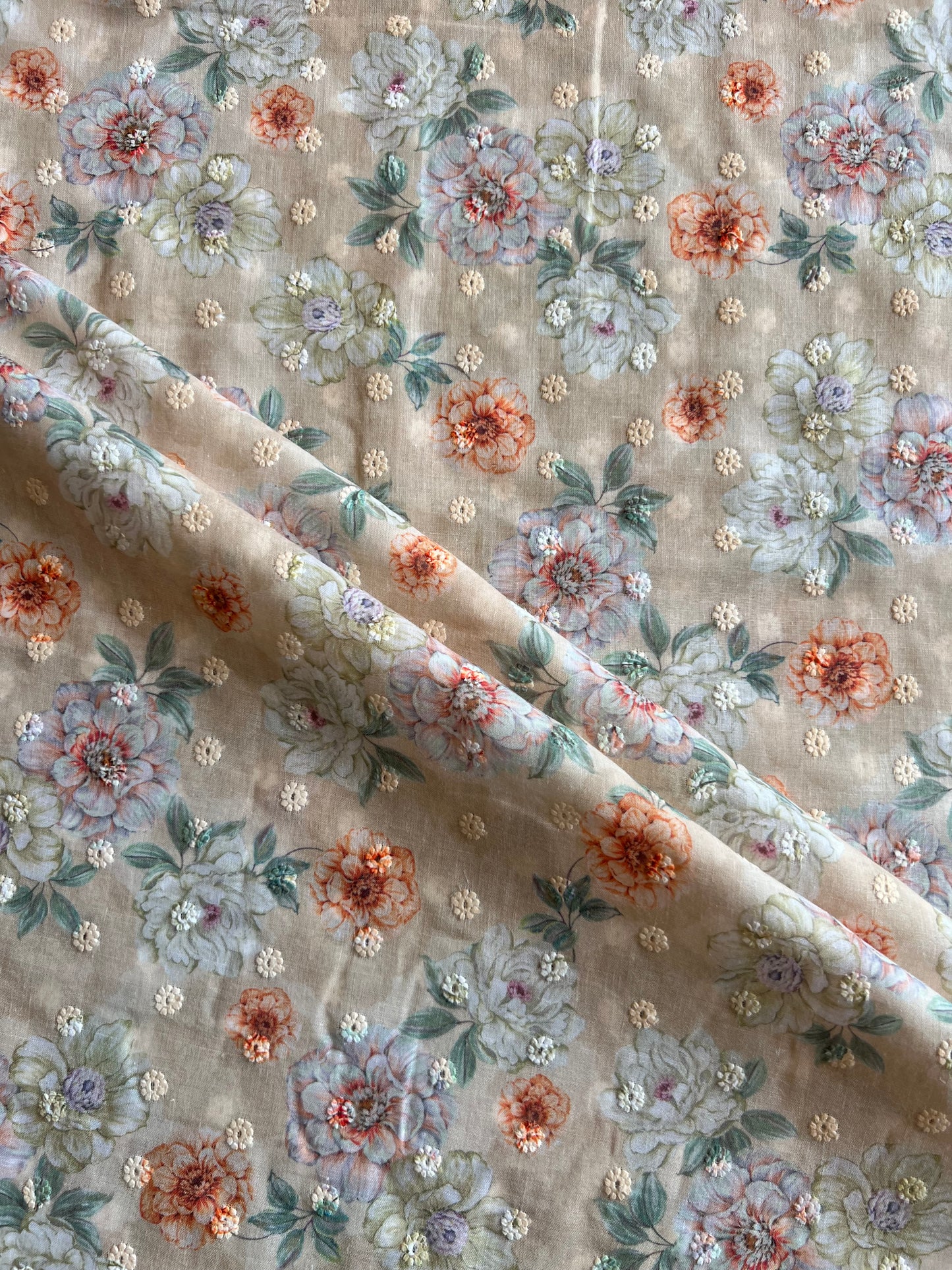 Lemon Cotton Embroidered Fabric with Floral Print