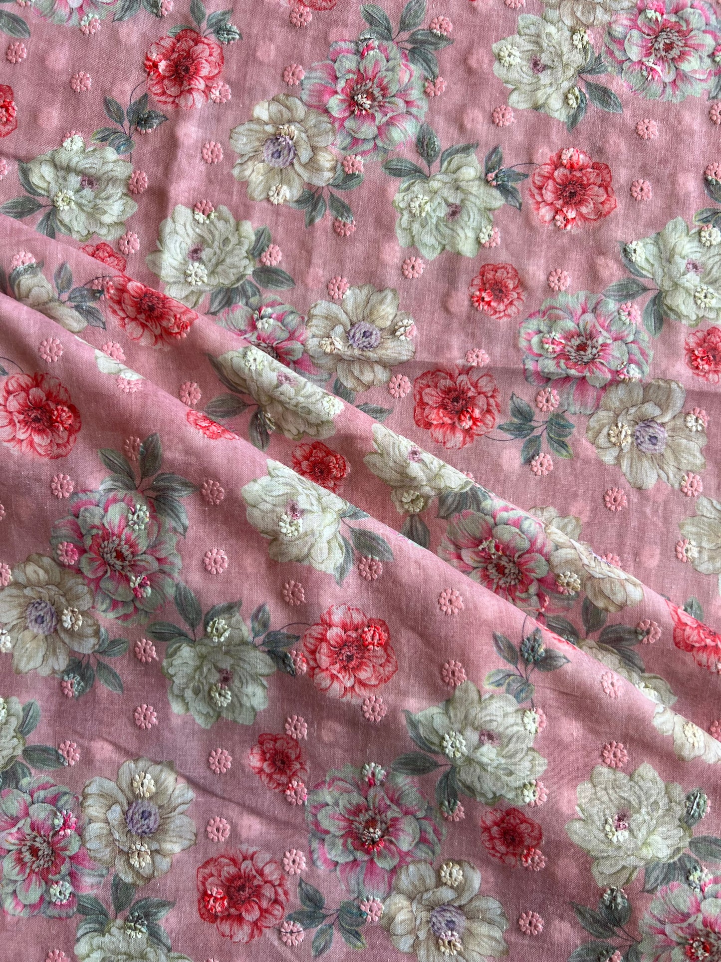 Pink Cotton Embroidered Fabric with Floral Print