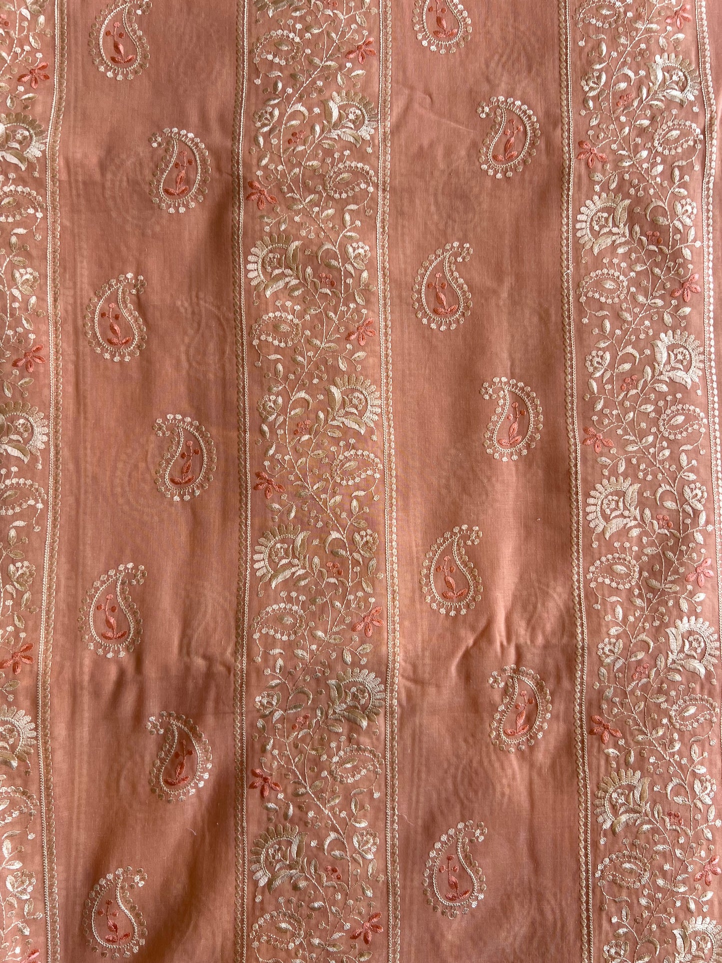 Peach 2 by 2 Rubia Paisley Embroidered Patti Fabric
