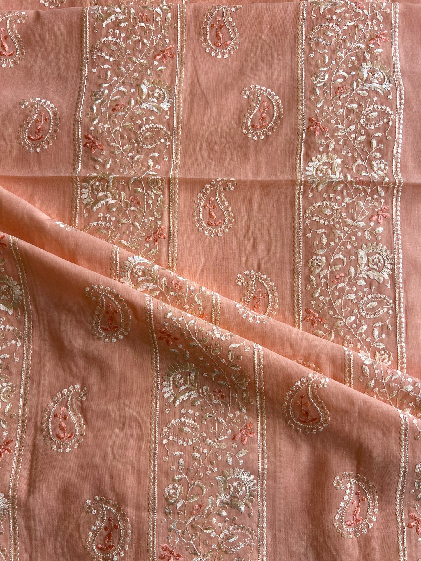 Peach 2 by 2 Rubia Paisley Embroidered Patti Fabric