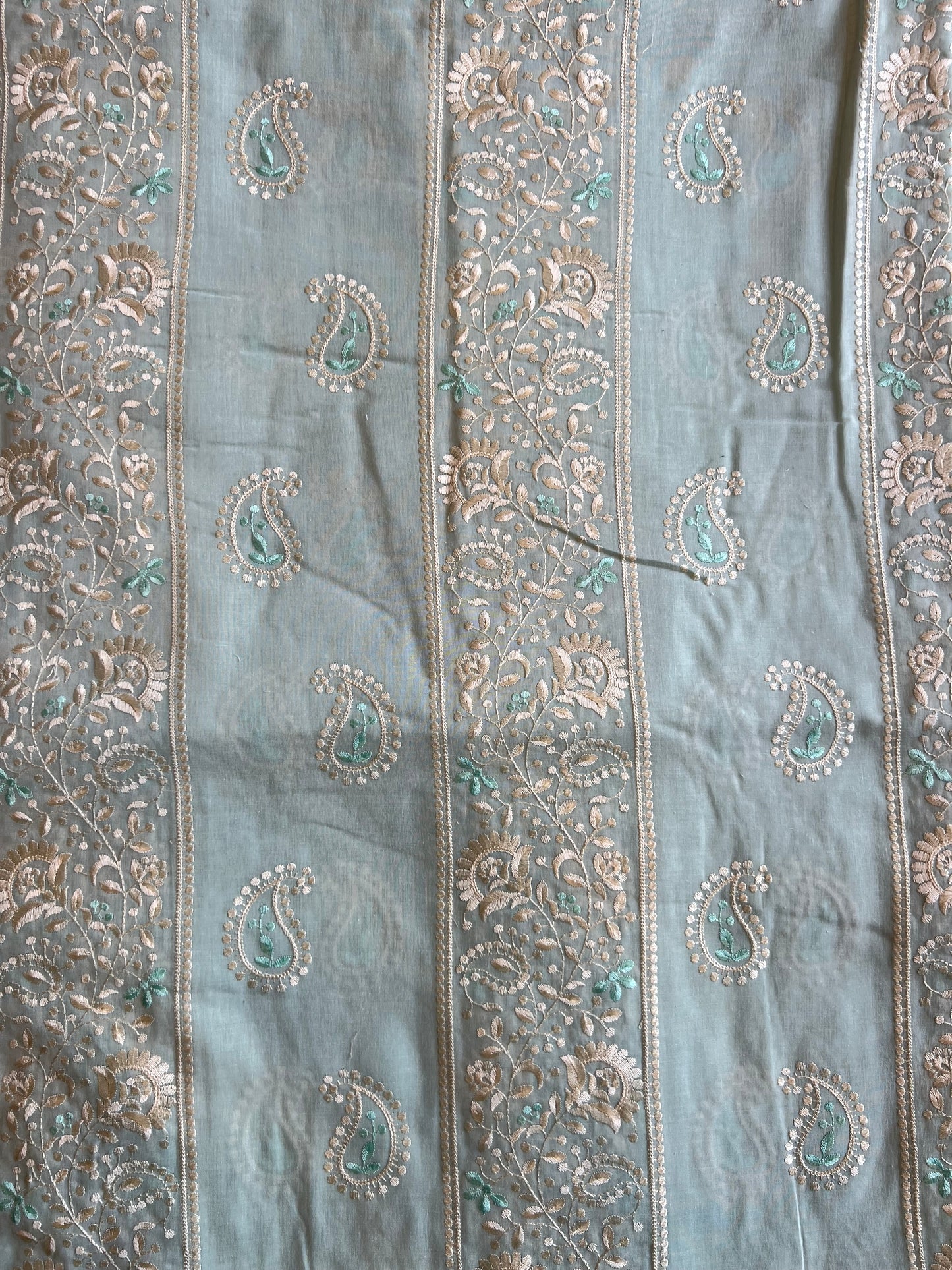 Pista Green 2 by 2 Rubia Paisley Embroidered Patti Fabric