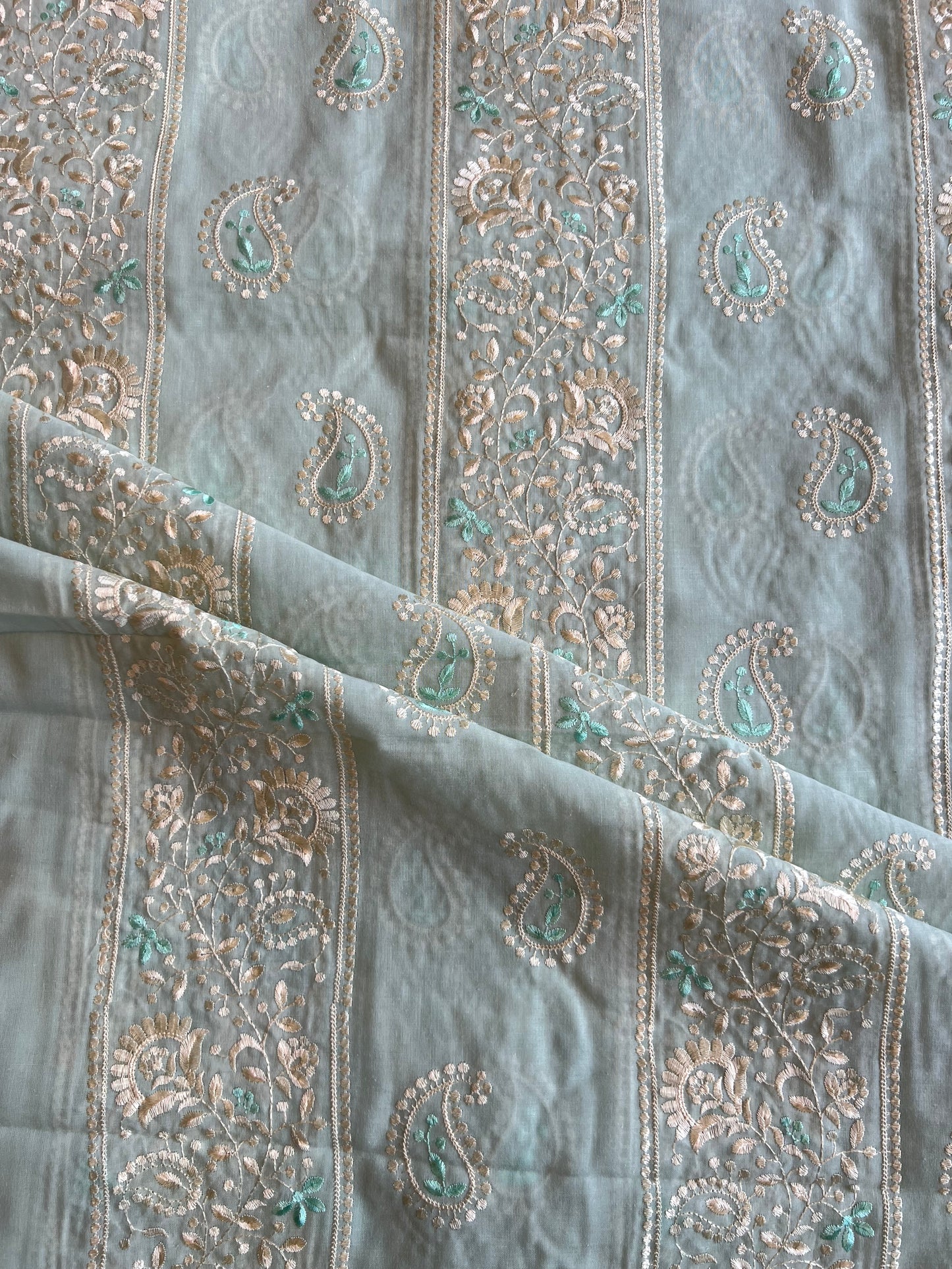 Pista Green 2 by 2 Rubia Paisley Embroidered Patti Fabric