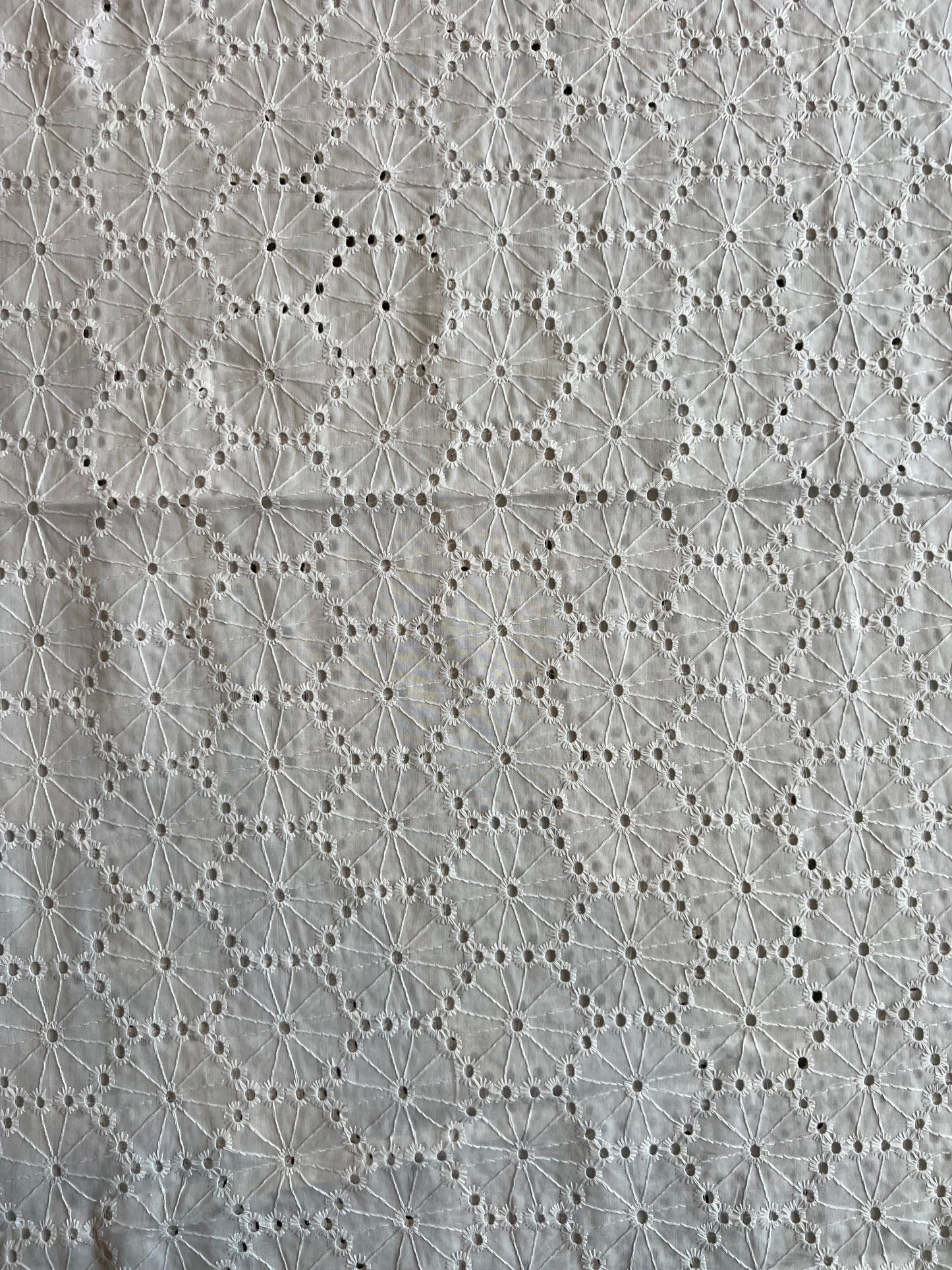 White Cotton Geometrical Cut Work Embroidered Fabric