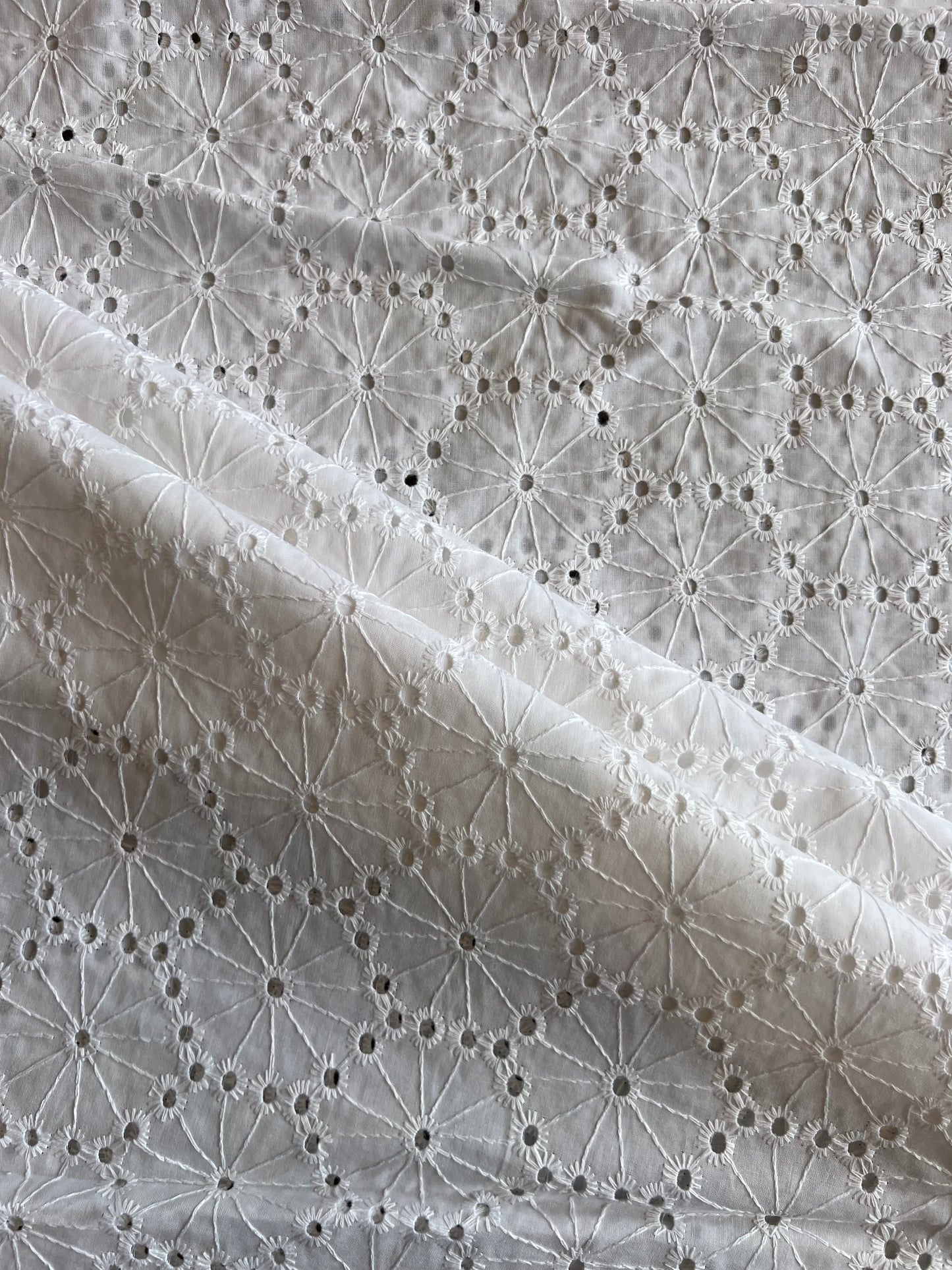 White Cotton Geometrical Cut Work Embroidered Fabric