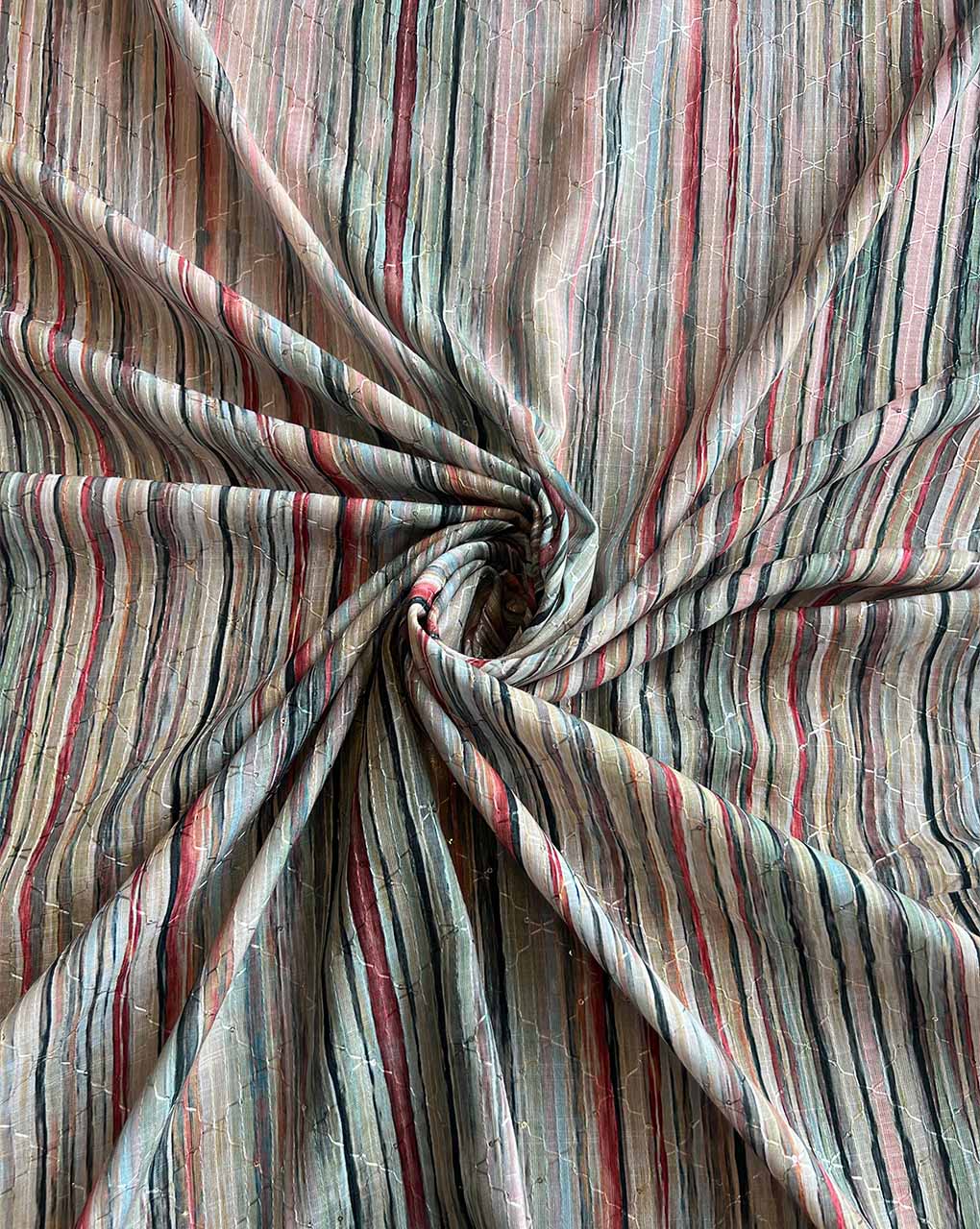 Green Multi Colour Stripes Print With Self Sequence Work Fabric