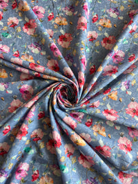 Sky Blue Multi Colour Floral Printed Cotton Fabric