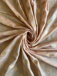 Peach Self Weaved Cotton Maheshwari Fabric with Golden Butis