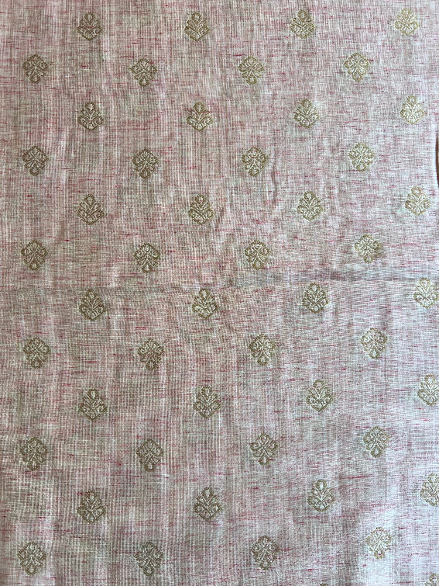 Peach Self Weaved Cotton Maheshwari Fabric with Golden Butis