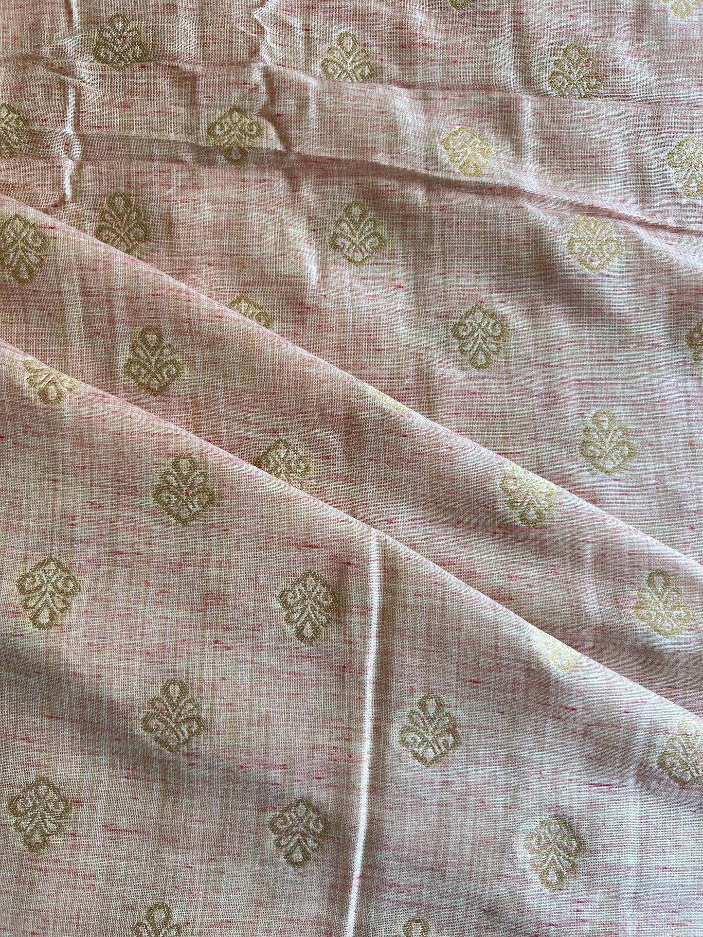 Peach Self Weaved Cotton Maheshwari Fabric with Golden Butis