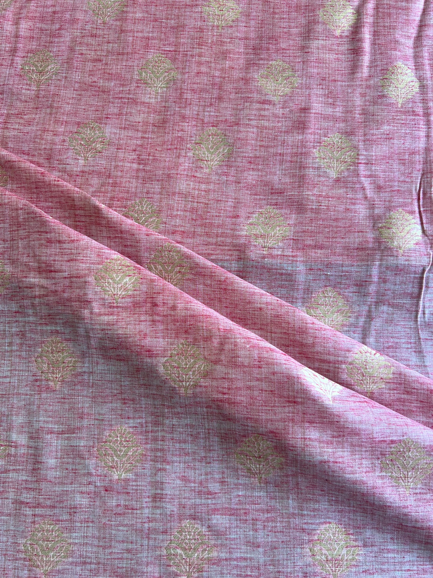 Pink Self Weaved Cotton Maheshwari Fabric with Golden Butis