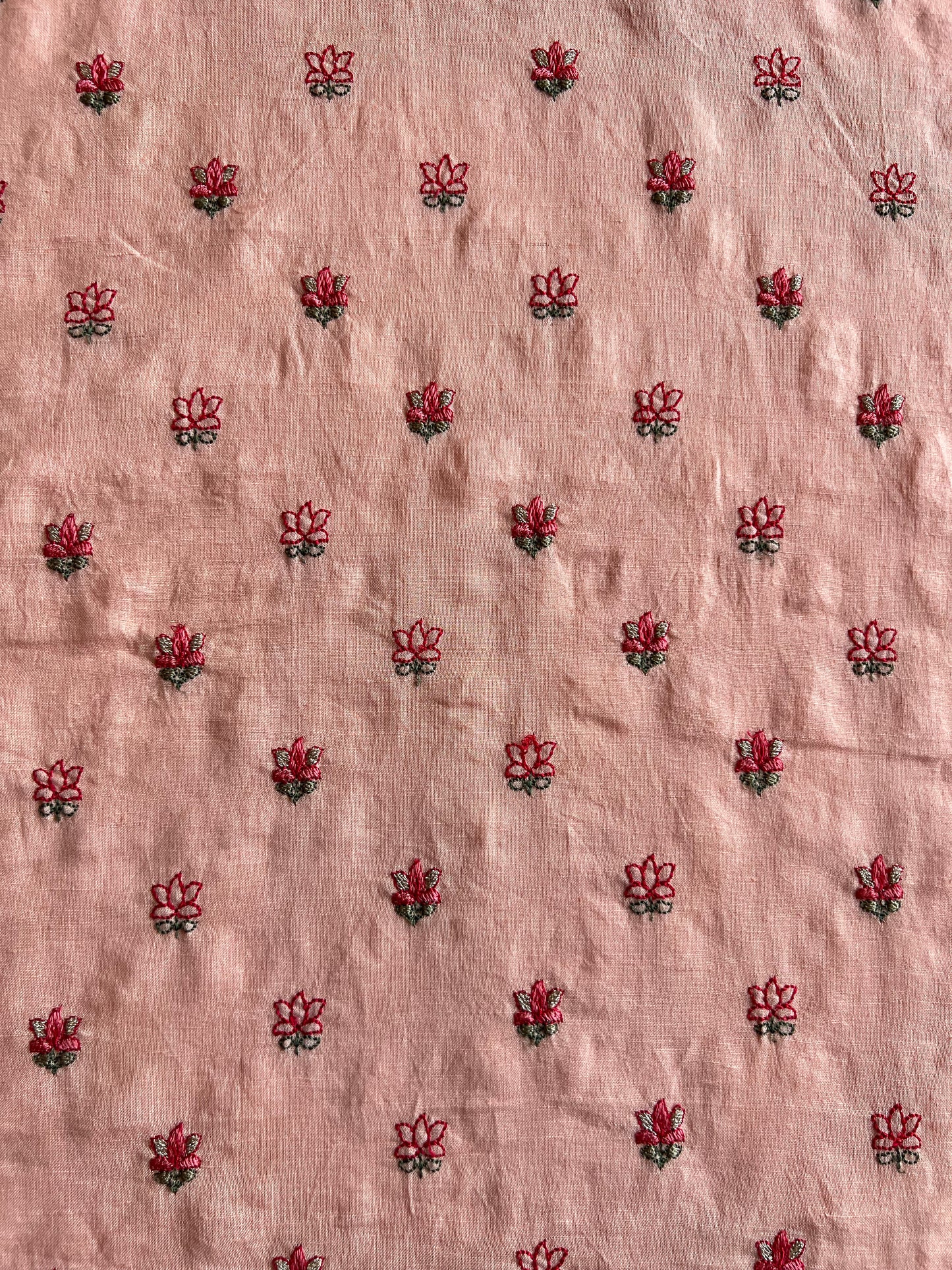 Peach Embroidered Buti Cotton Linen Fabric