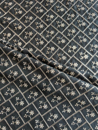 Black Viscose Raw Silk Embroidered Fabric